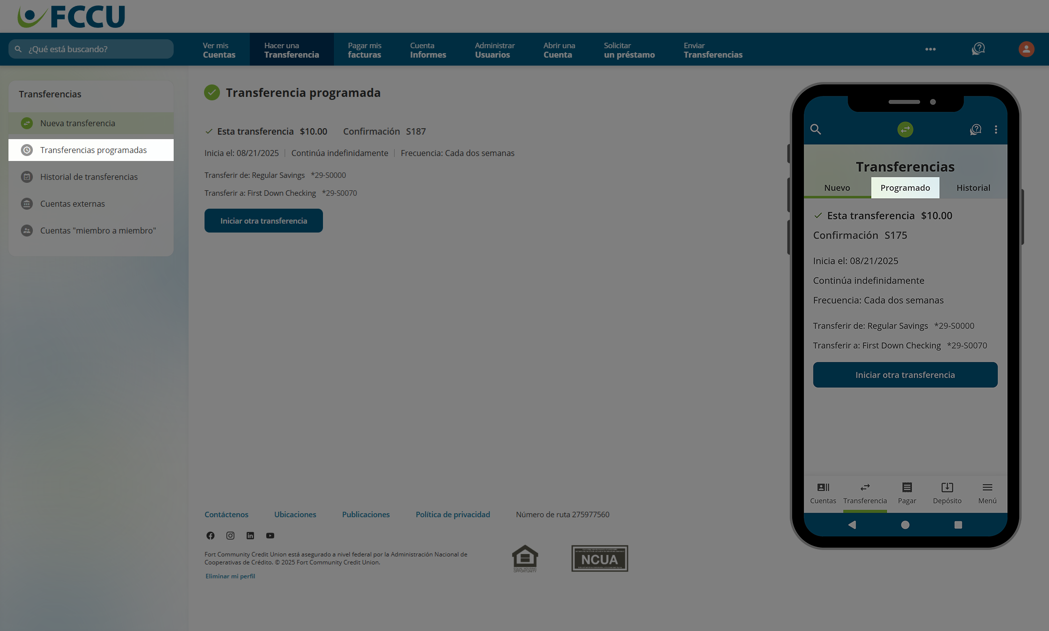 Captura de pantalla de la página 'Transferencia programada' de banca digital.