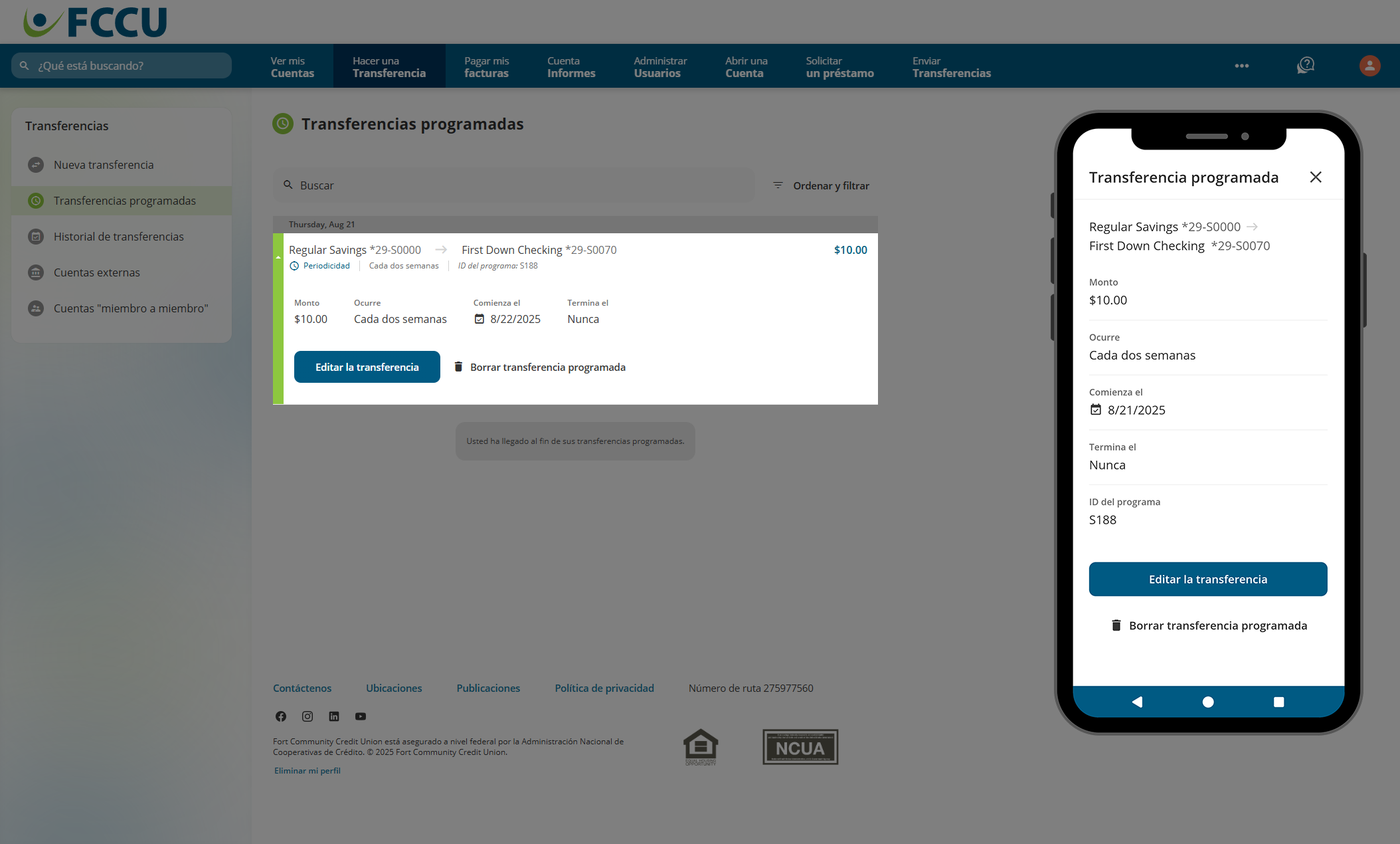 Captura de pantalla de la página 'Transferencias programadas' de la banca digital.