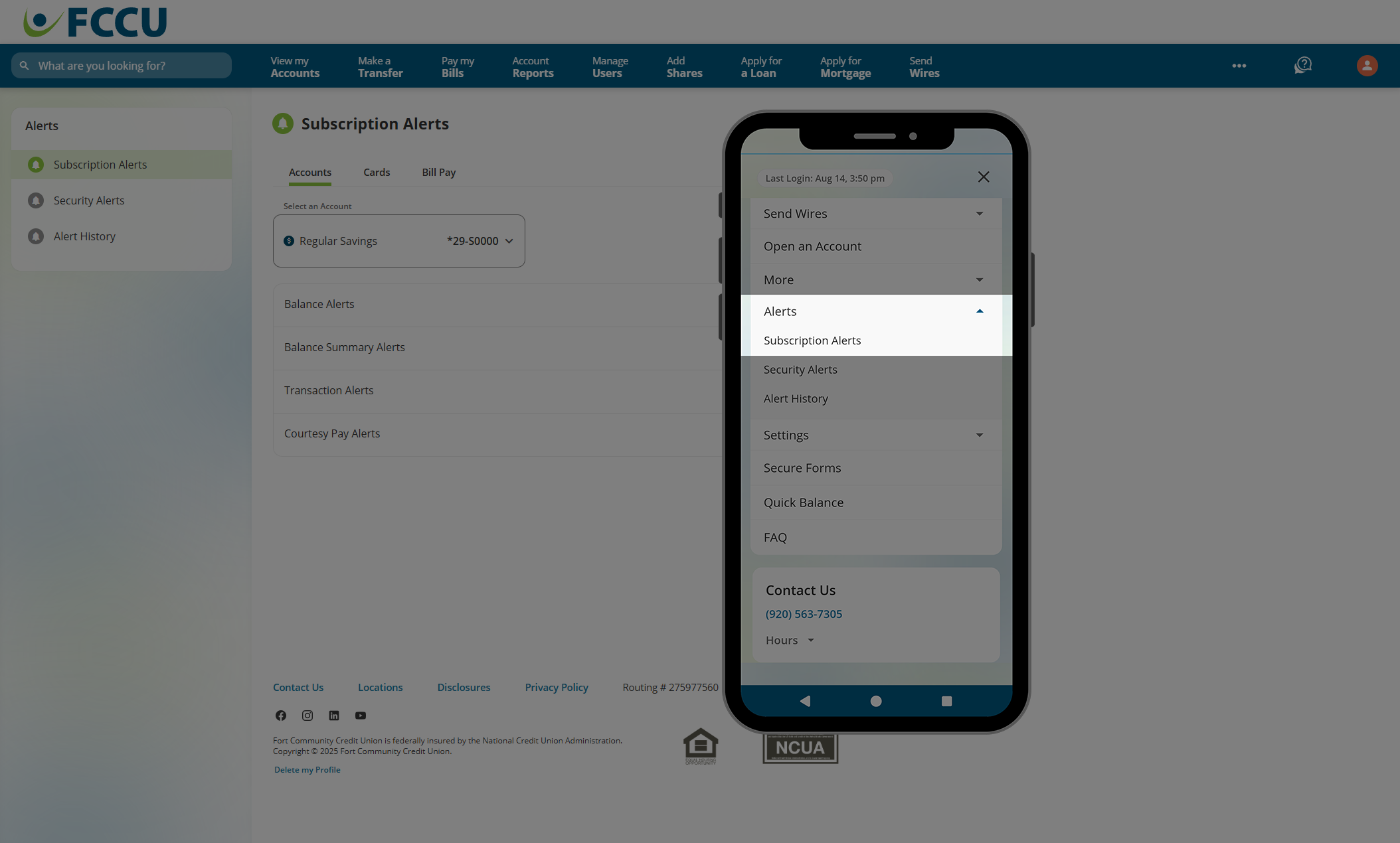 Screenshot of digital banking 'Subscription Alerts' page.