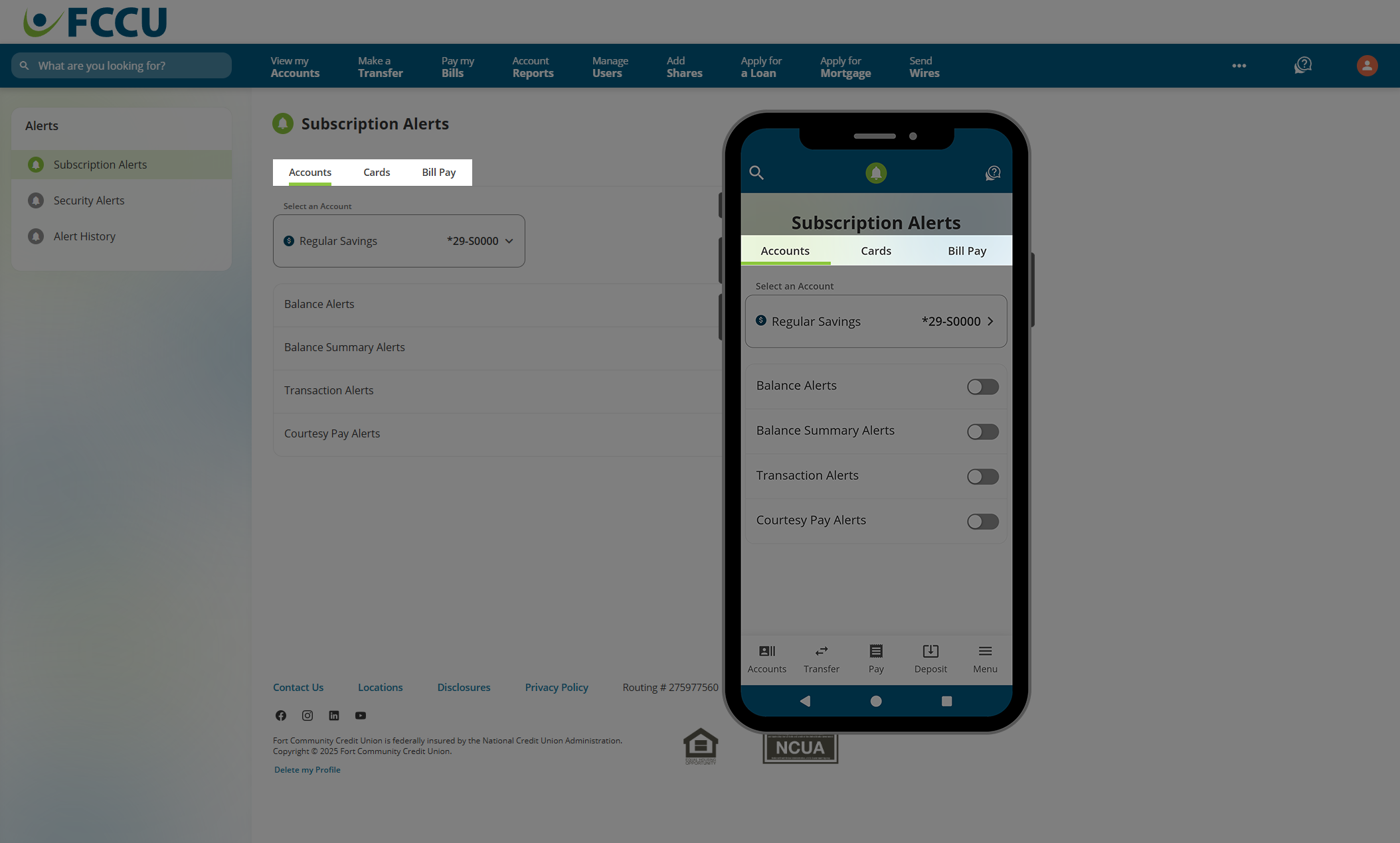 Screenshot of digital banking 'Subscription Alerts' page.