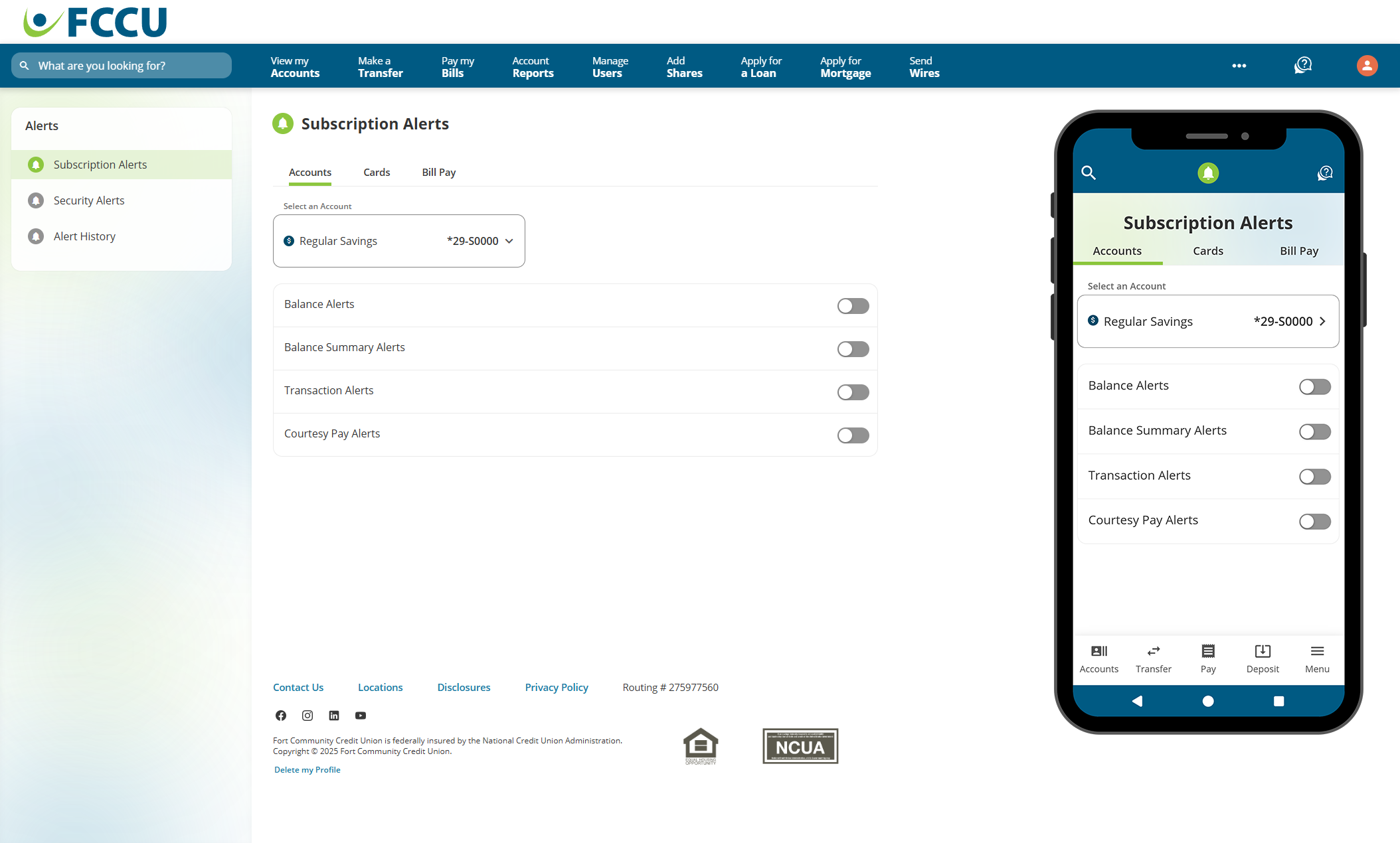Screenshot of digital banking 'Subscription Alerts' page.