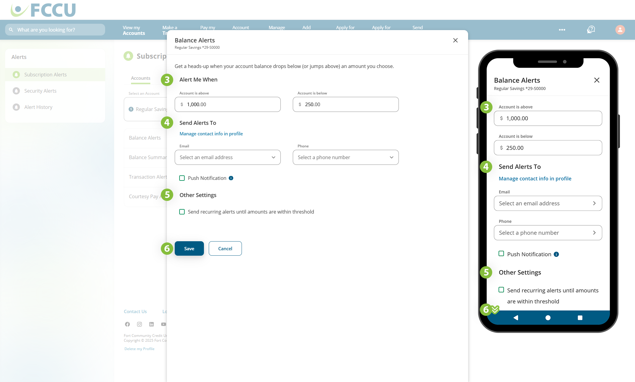 Screenshot of digital banking 'Balance Alerts' page.