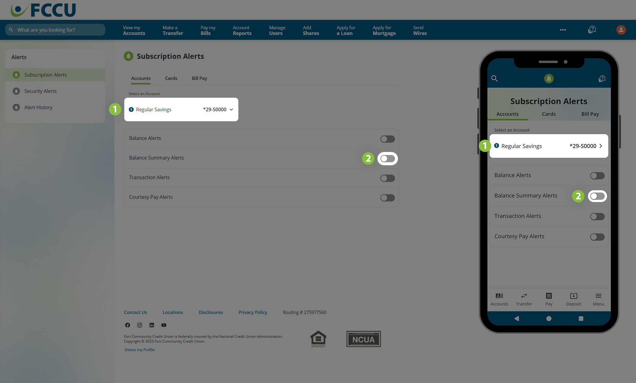 Screenshot of digital banking 'Subscription Alerts' page.