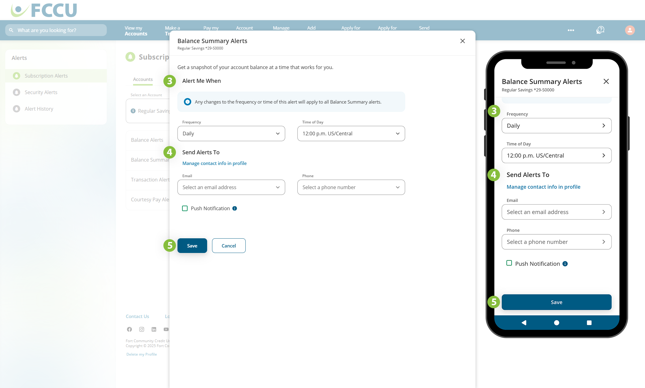 Screenshot of digital banking 'Balance Summary Alerts' page.