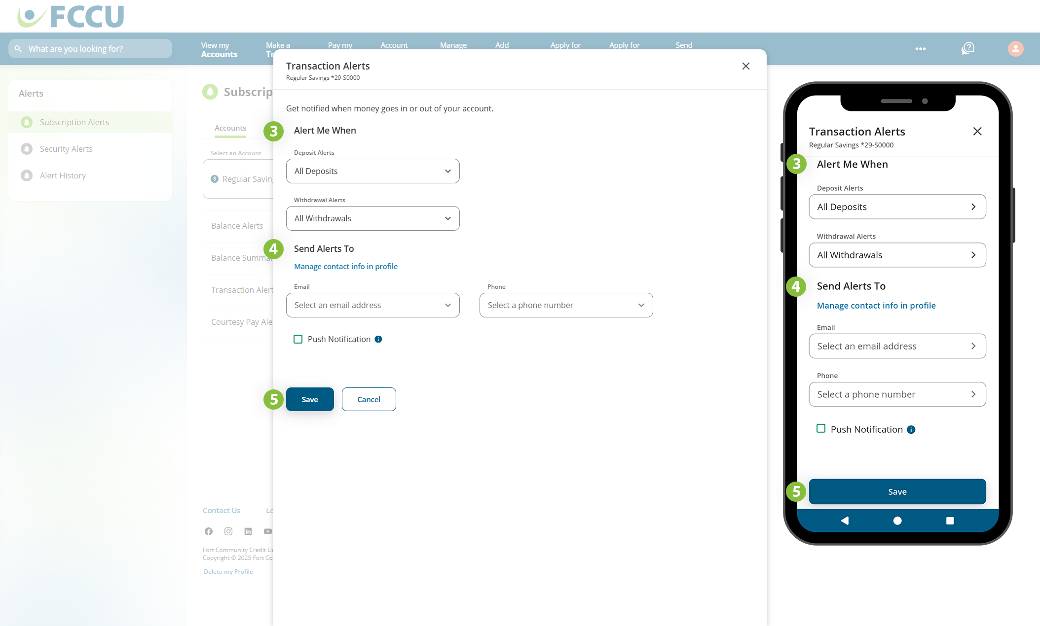 Screenshot of digital banking 'Transaction Alerts' page.