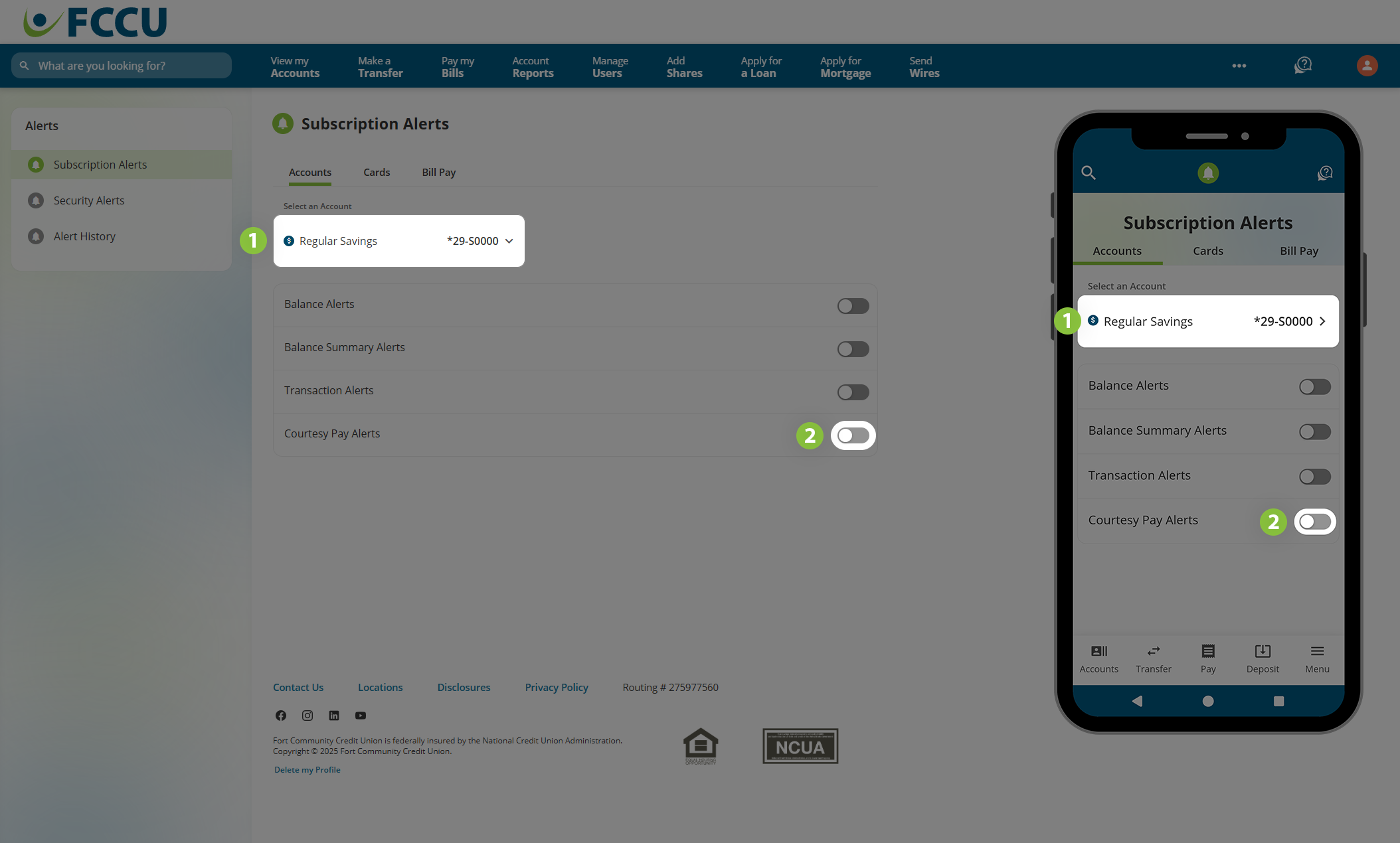 Screenshot of digital banking 'Subscription Alerts' page.