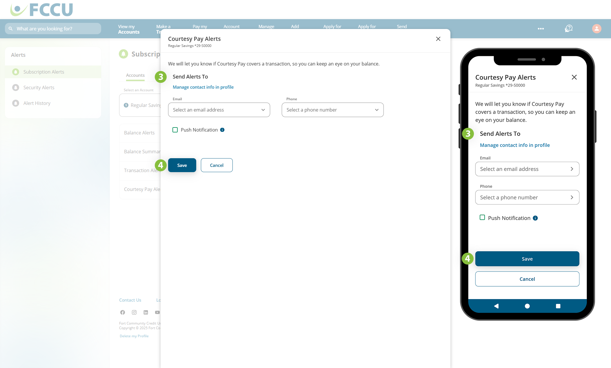 Screenshot of digital banking 'Courtesy Pay Alerts' page.
