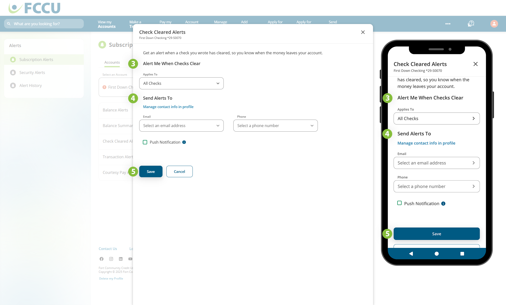 Screenshot of digital banking 'Check Cleared Alerts' page.