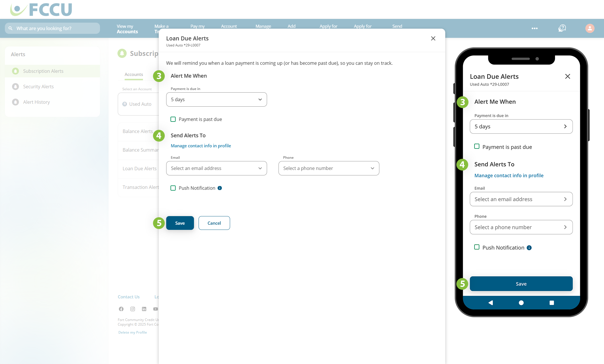 Screenshot of digital banking 'Loan Due Alerts' page.