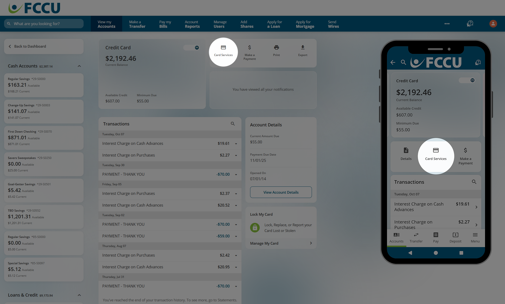 Screenshot of digital banking 'Credit Card' page.