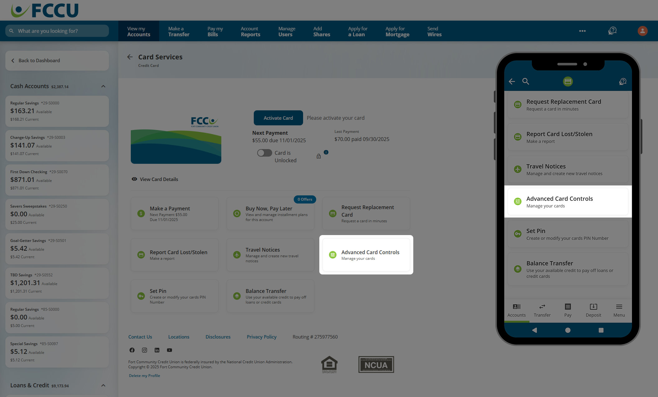 Screenshot of digital banking 'Card Services' page.