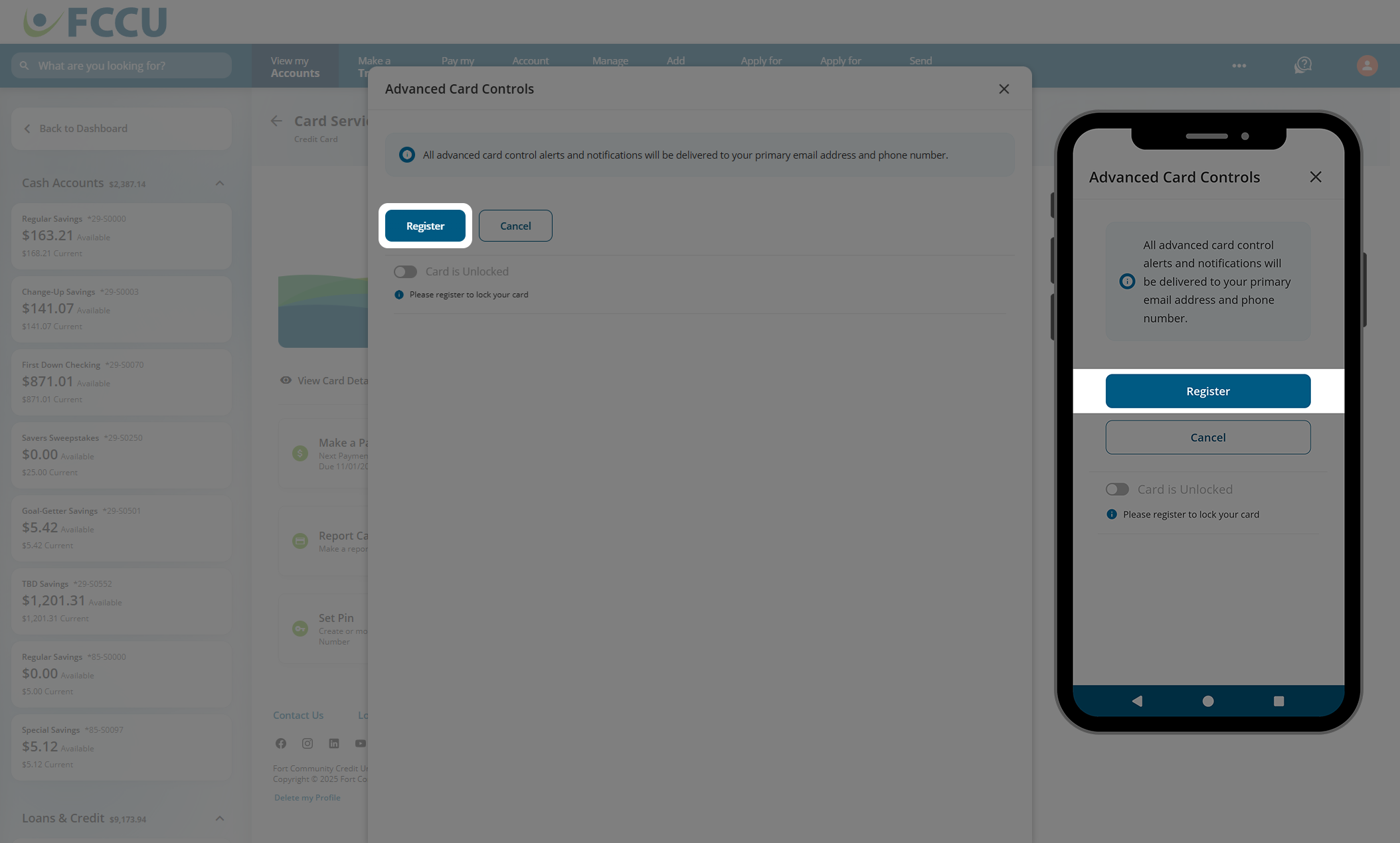 Screenshot of digital banking 'Advanced Card Controls' page.