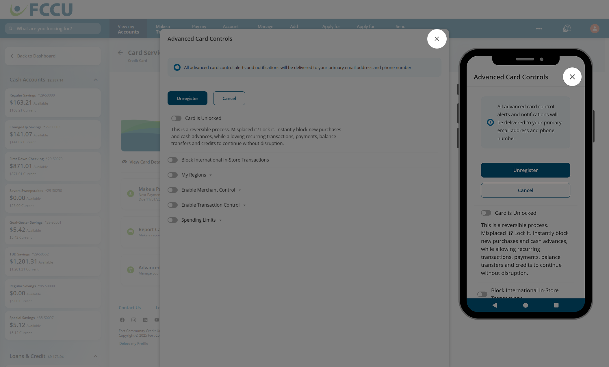 Screenshot of digital banking 'Advanced Card Controls' page.