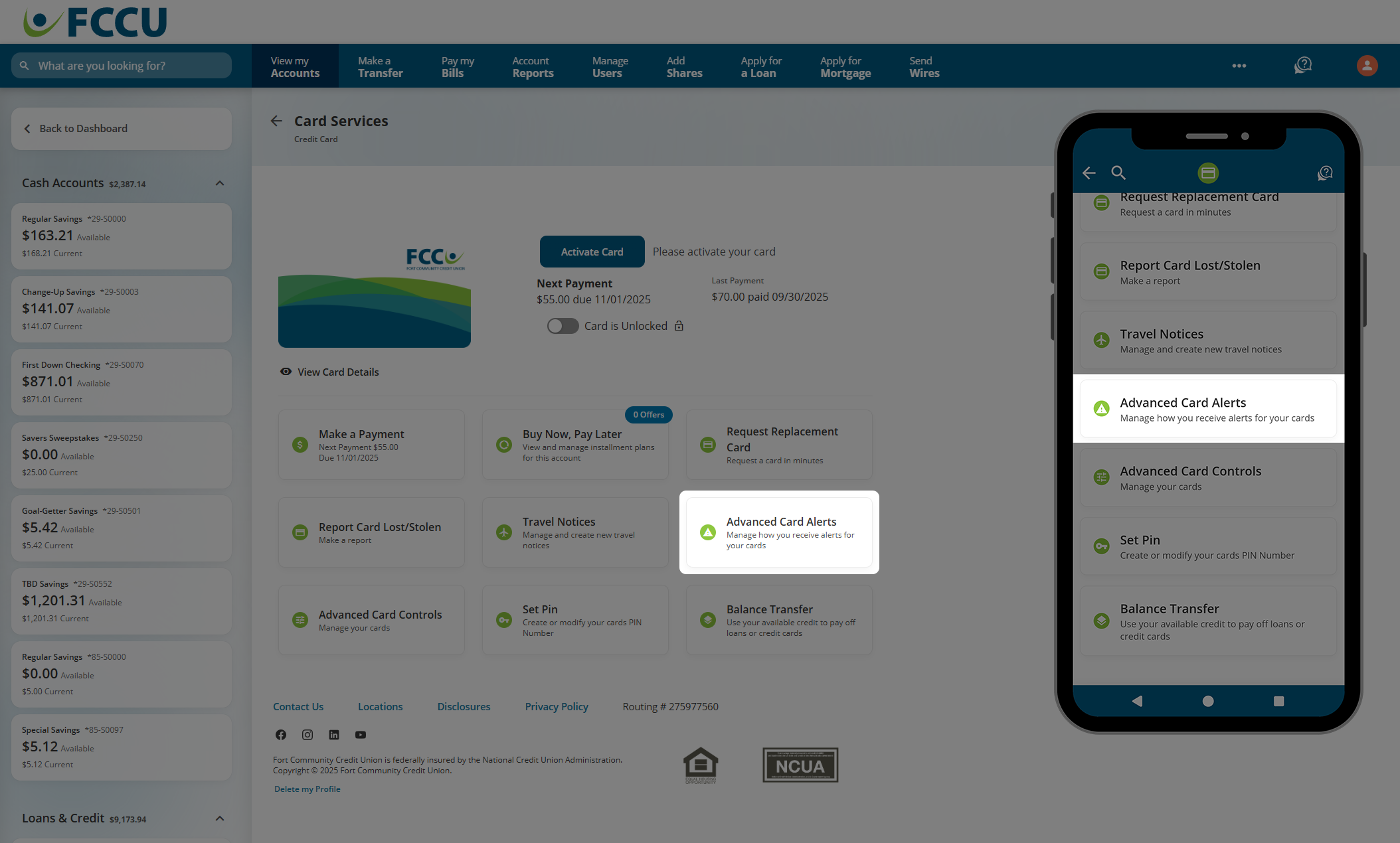 Screenshot of digital banking 'Advanced Card Controls' page.
