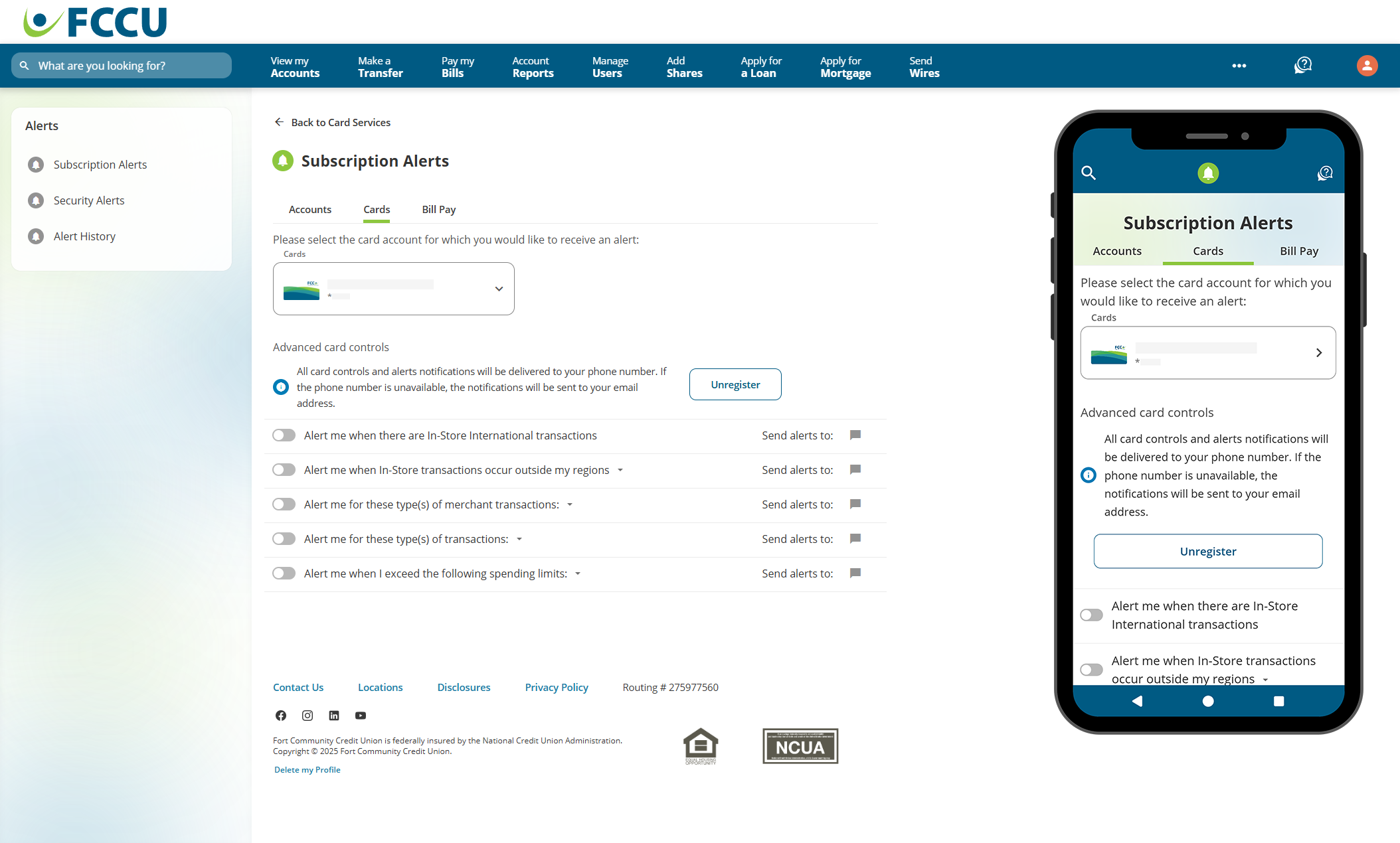 Screenshot of digital banking 'Subscription Alerts' page.