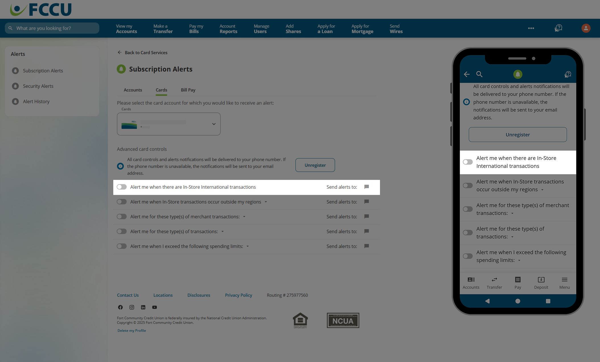 Screenshot of digital banking 'Subscription Alerts' page.