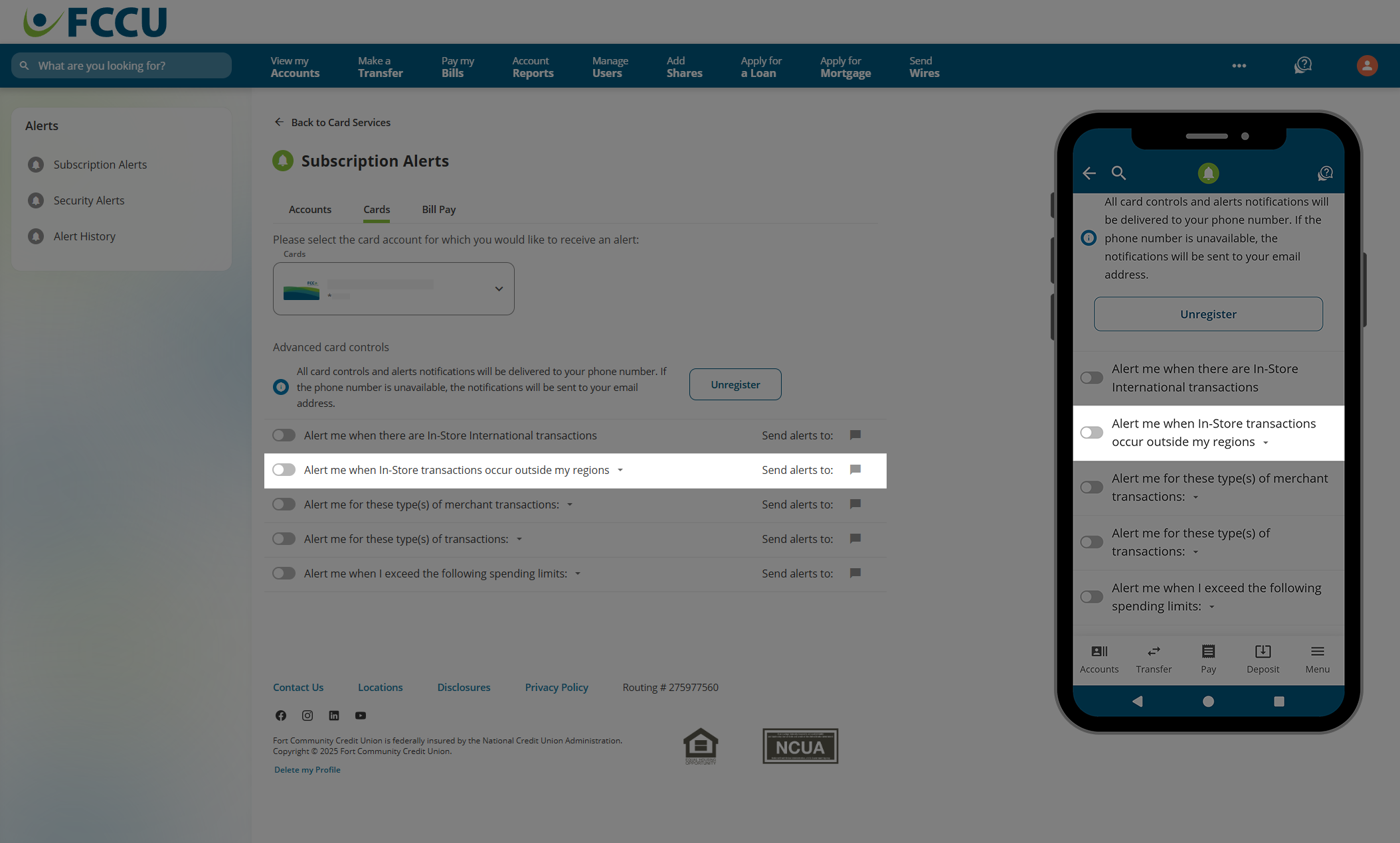 Screenshot of digital banking 'Subscription Alerts' page.