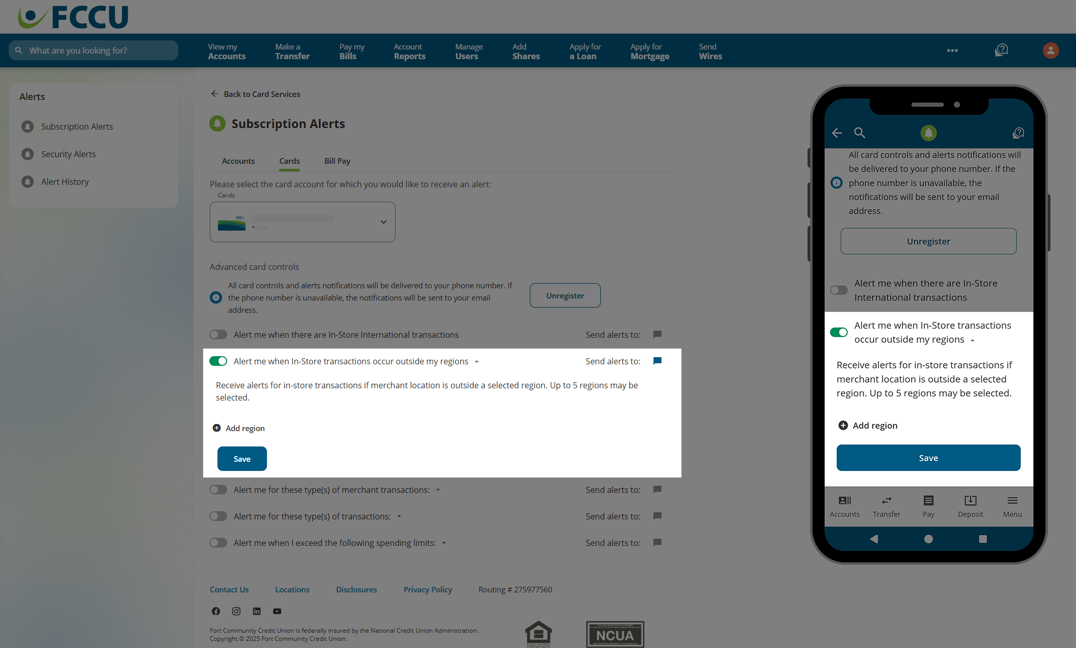 Screenshot of digital banking 'Subscription Alerts' page.