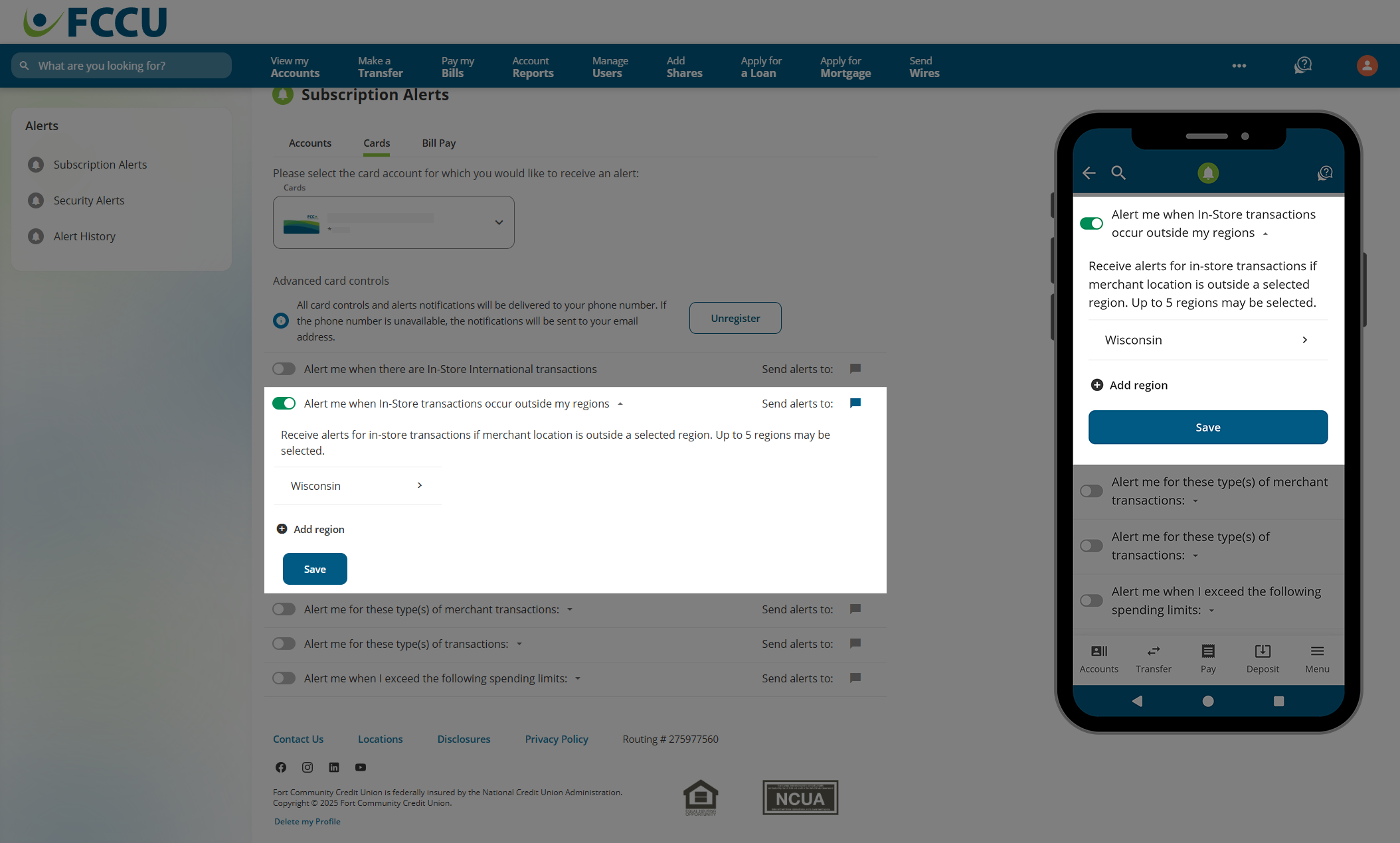 Screenshot of digital banking 'Subscription Alerts' page.
