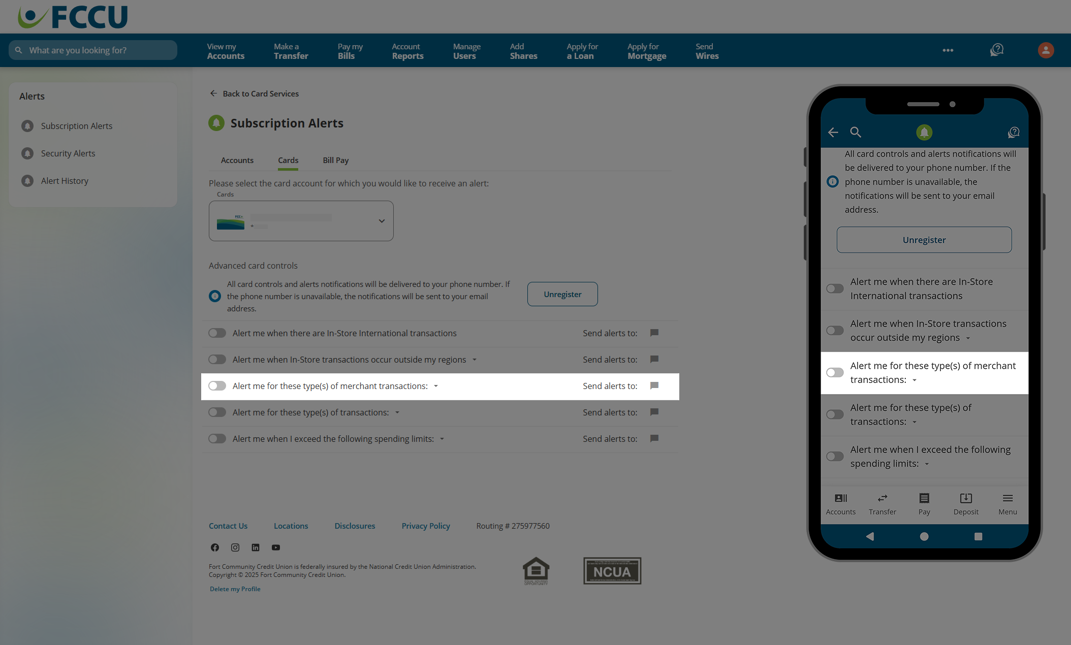 Screenshot of digital banking 'Subscription Alerts' page.