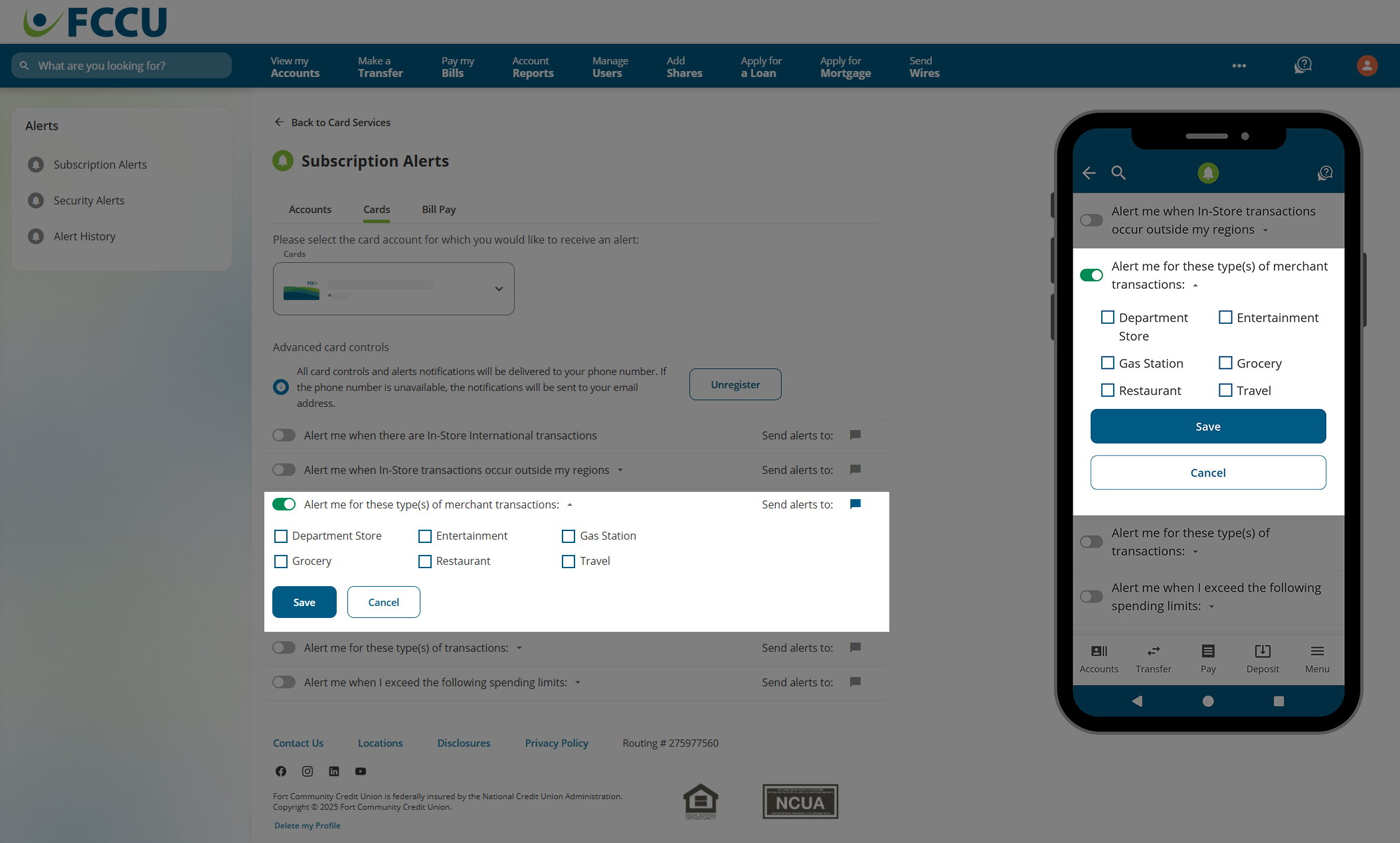 Screenshot of digital banking 'Subscription Alerts' page.