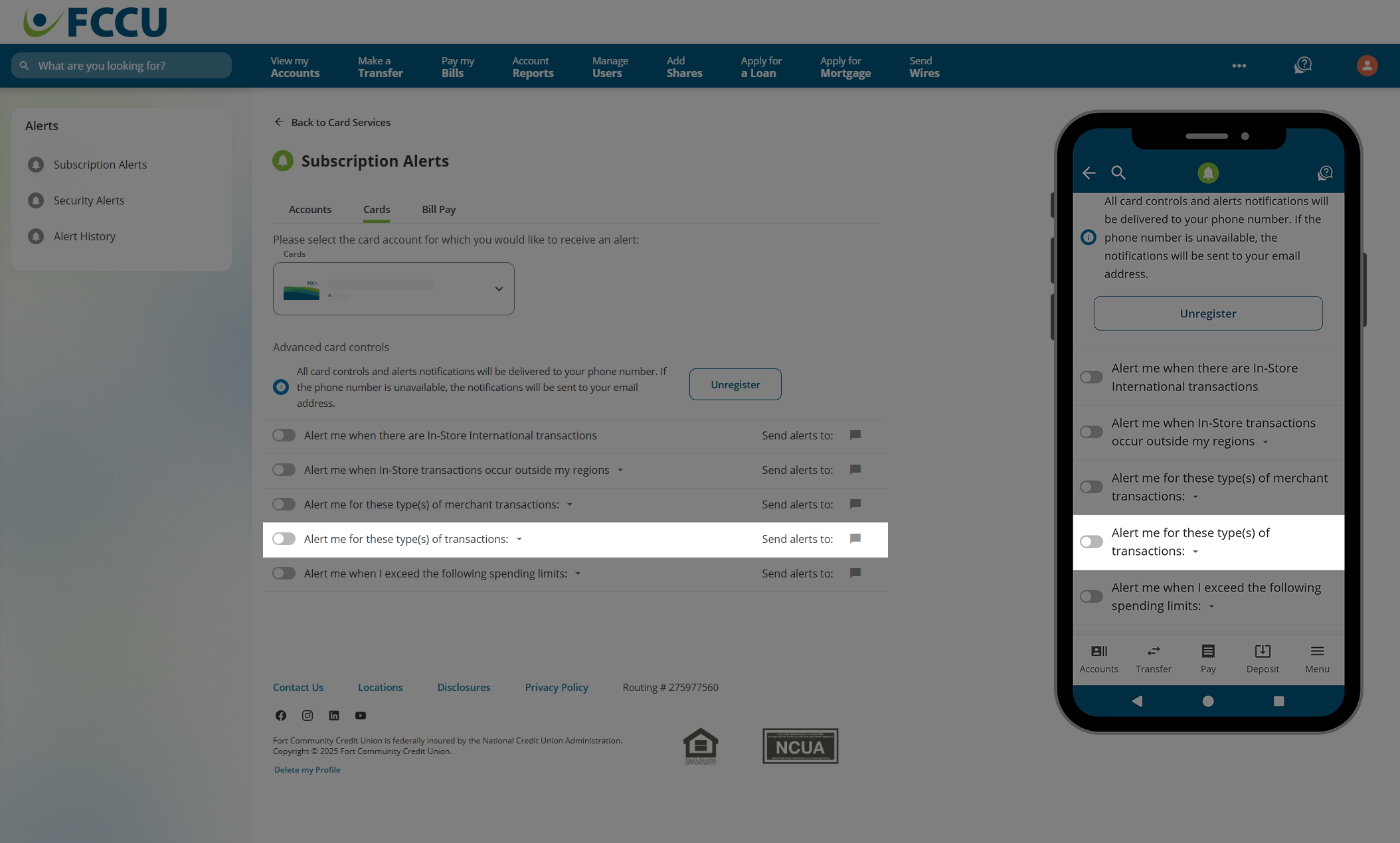 Screenshot of digital banking 'Subscription Alerts' page.