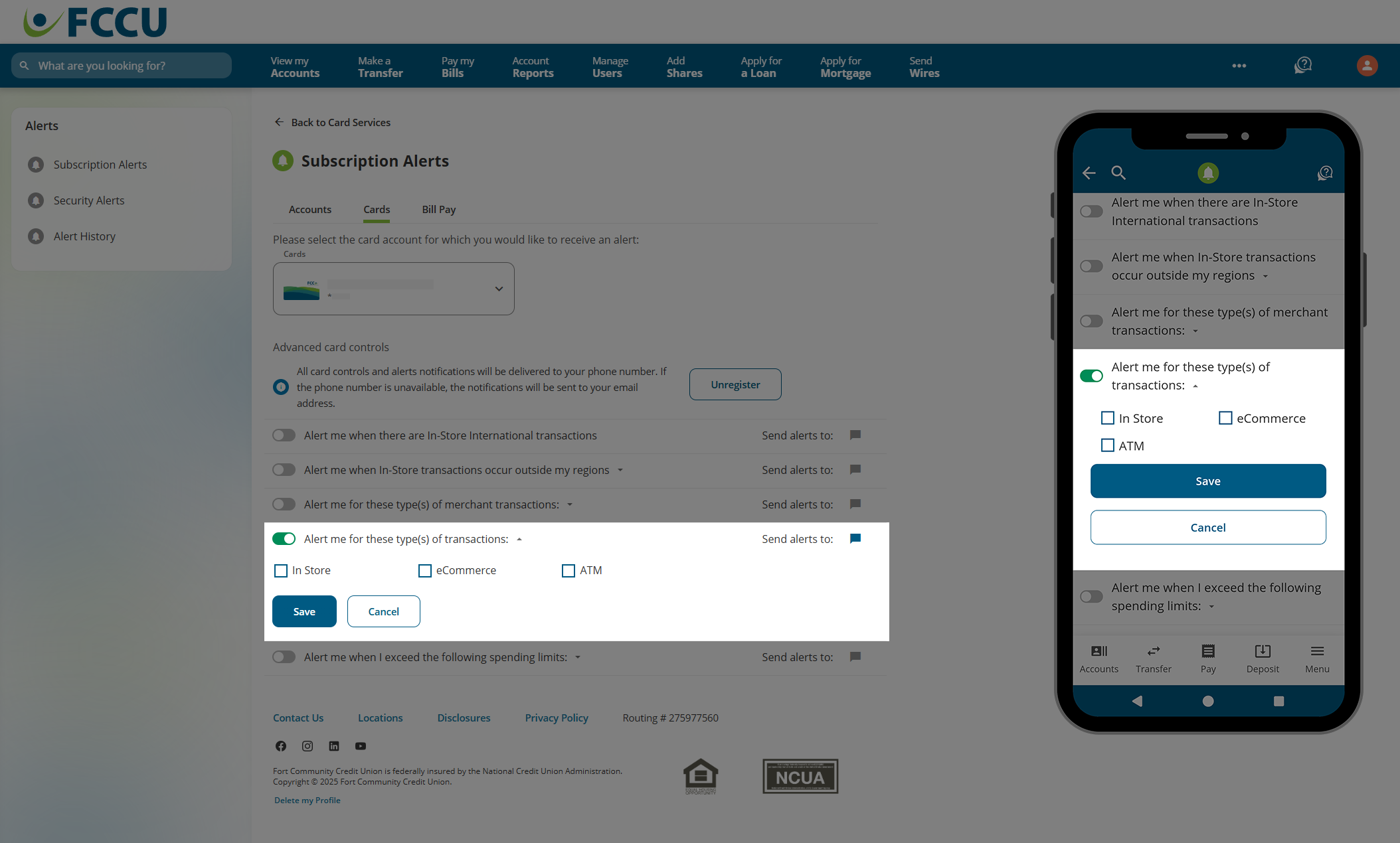 Screenshot of digital banking 'Subscription Alerts' page.