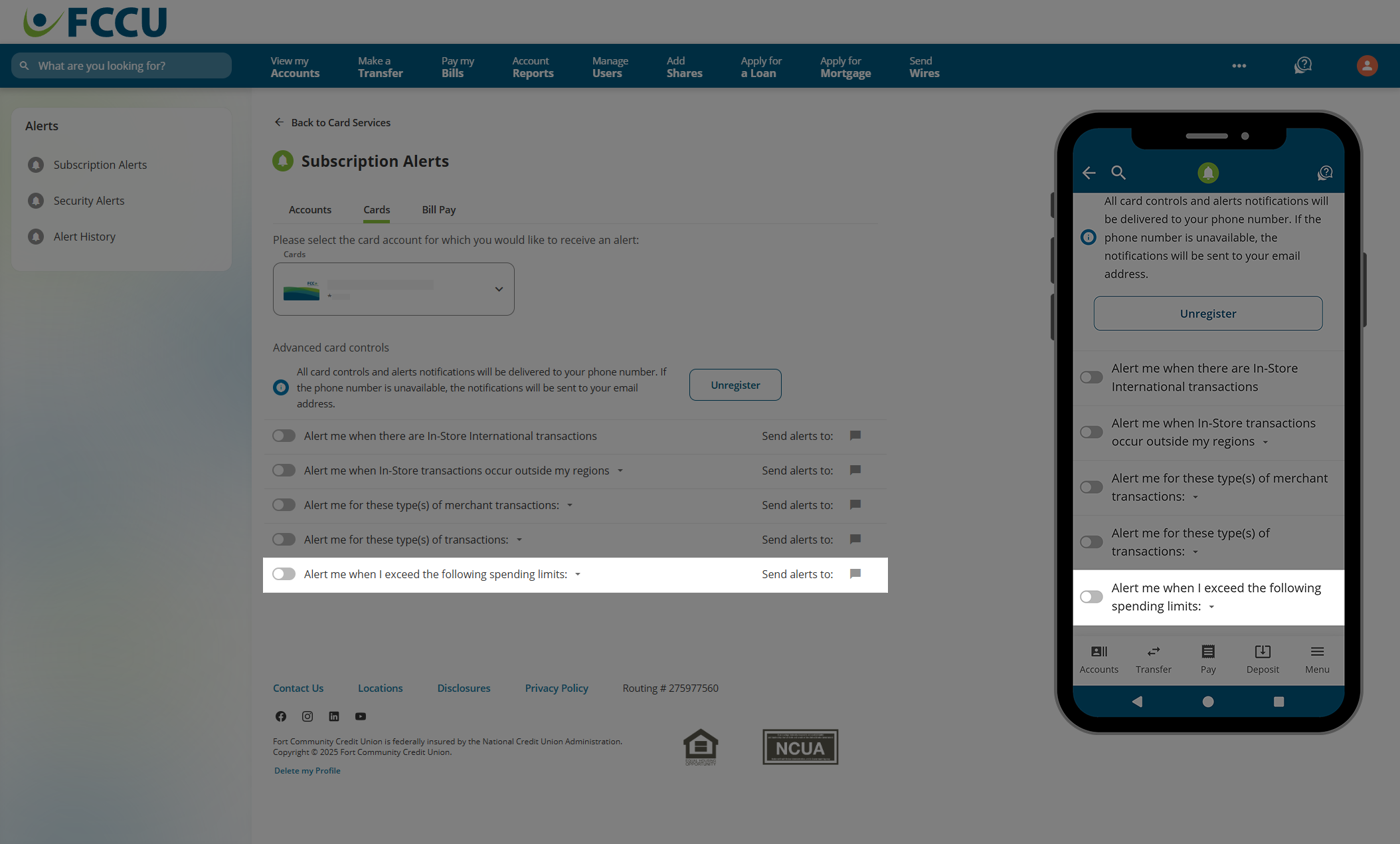 Screenshot of digital banking 'Subscription Alerts' page.