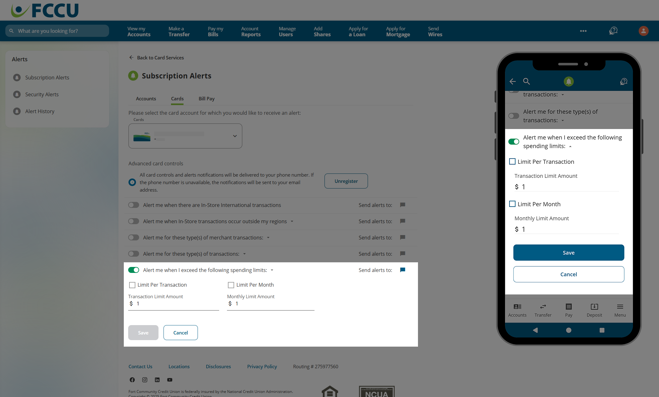 Screenshot of digital banking 'Subscription Alerts' page.