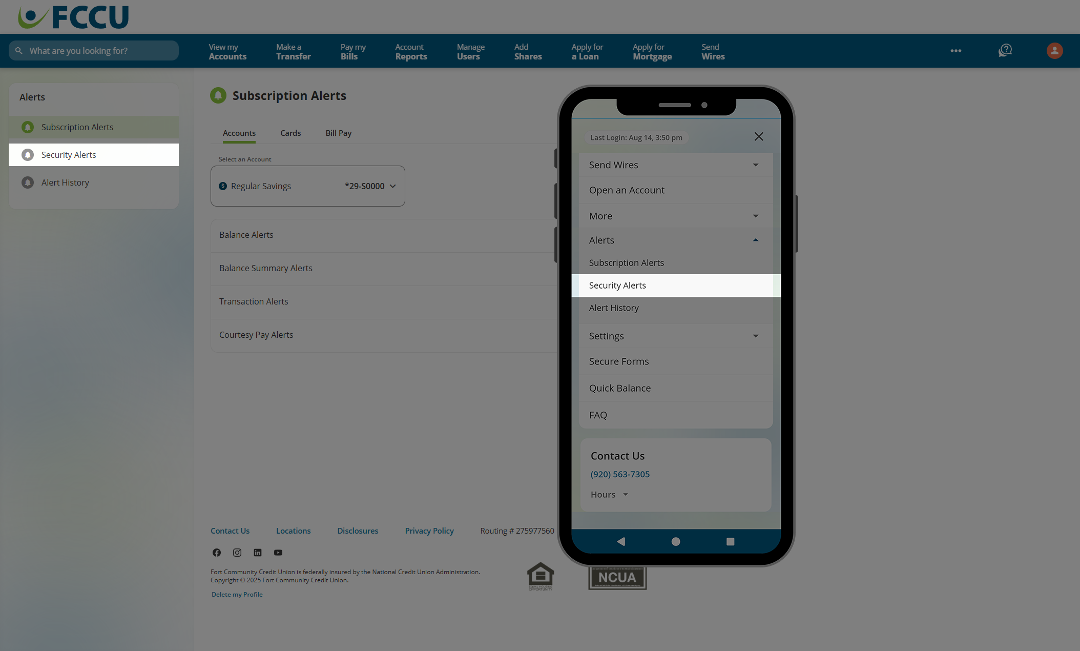 Screenshot of digital banking 'Subscription Alerts' page.