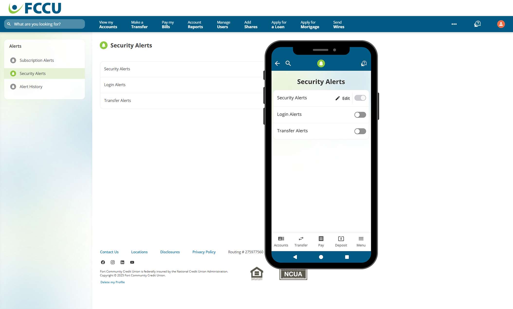 Screenshot of digital banking 'Security Alerts' page.