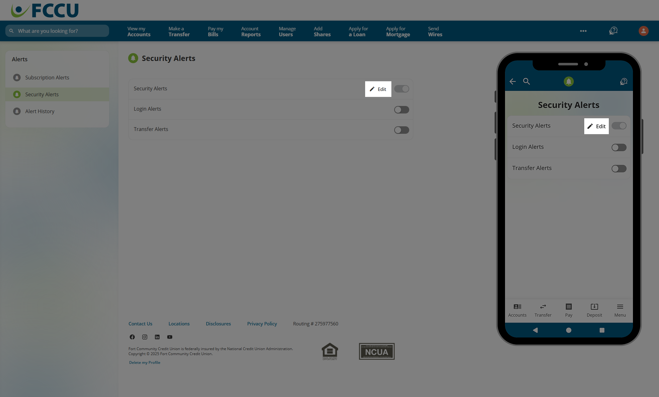 Screenshot of digital banking 'Security Alerts' page.