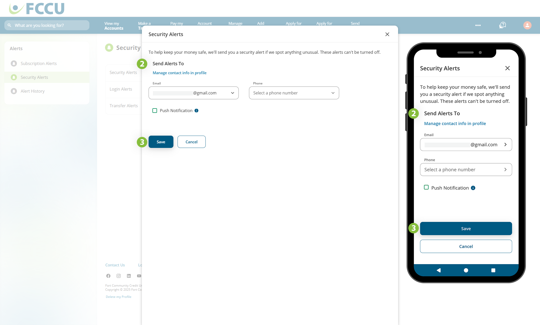 Screenshot of digital banking 'Security Alerts' page.