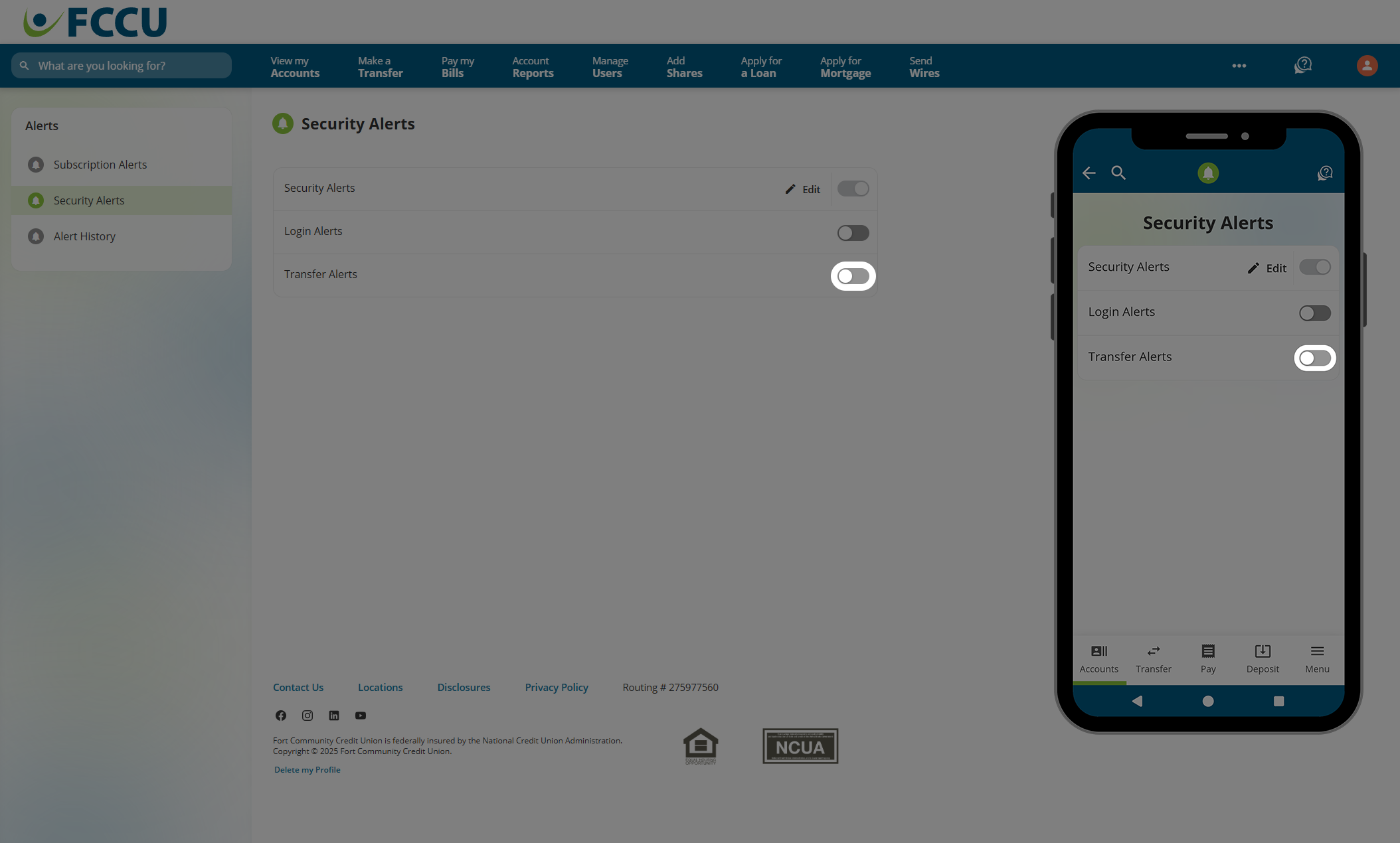 Screenshot of digital banking 'Security Alerts' page.
