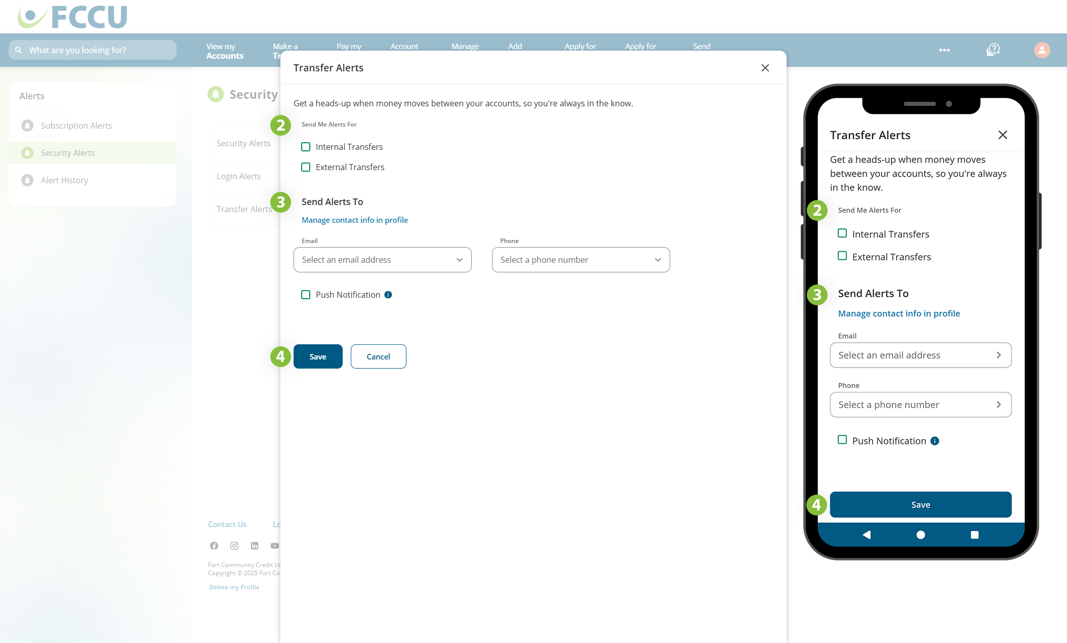 Screenshot of digital banking 'Transfer Alerts' page.