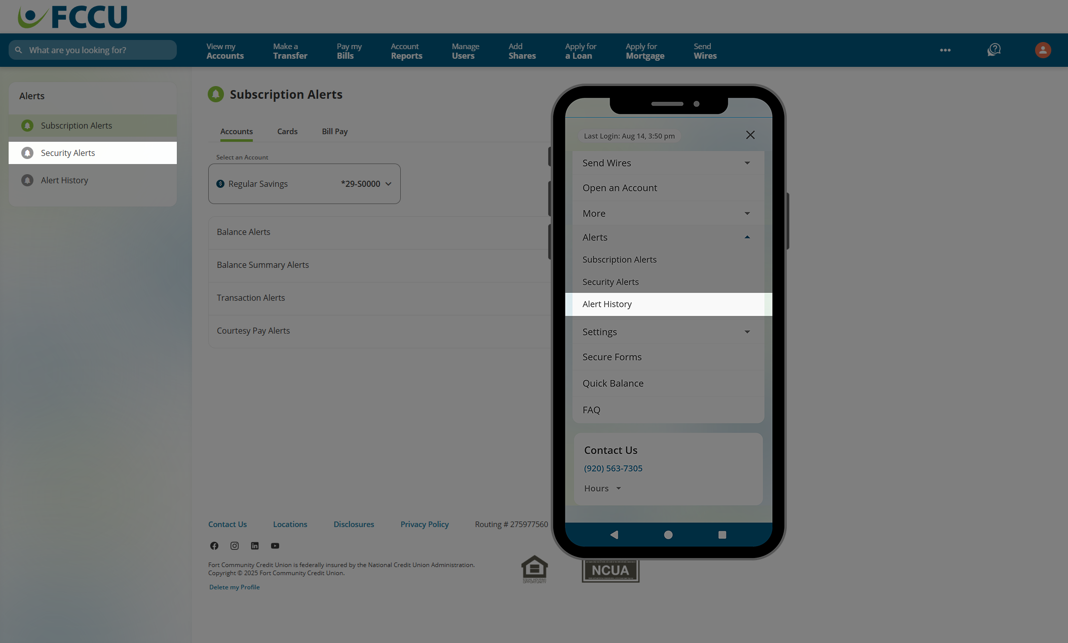 Screenshot of digital banking 'Subscription Alerts' page.