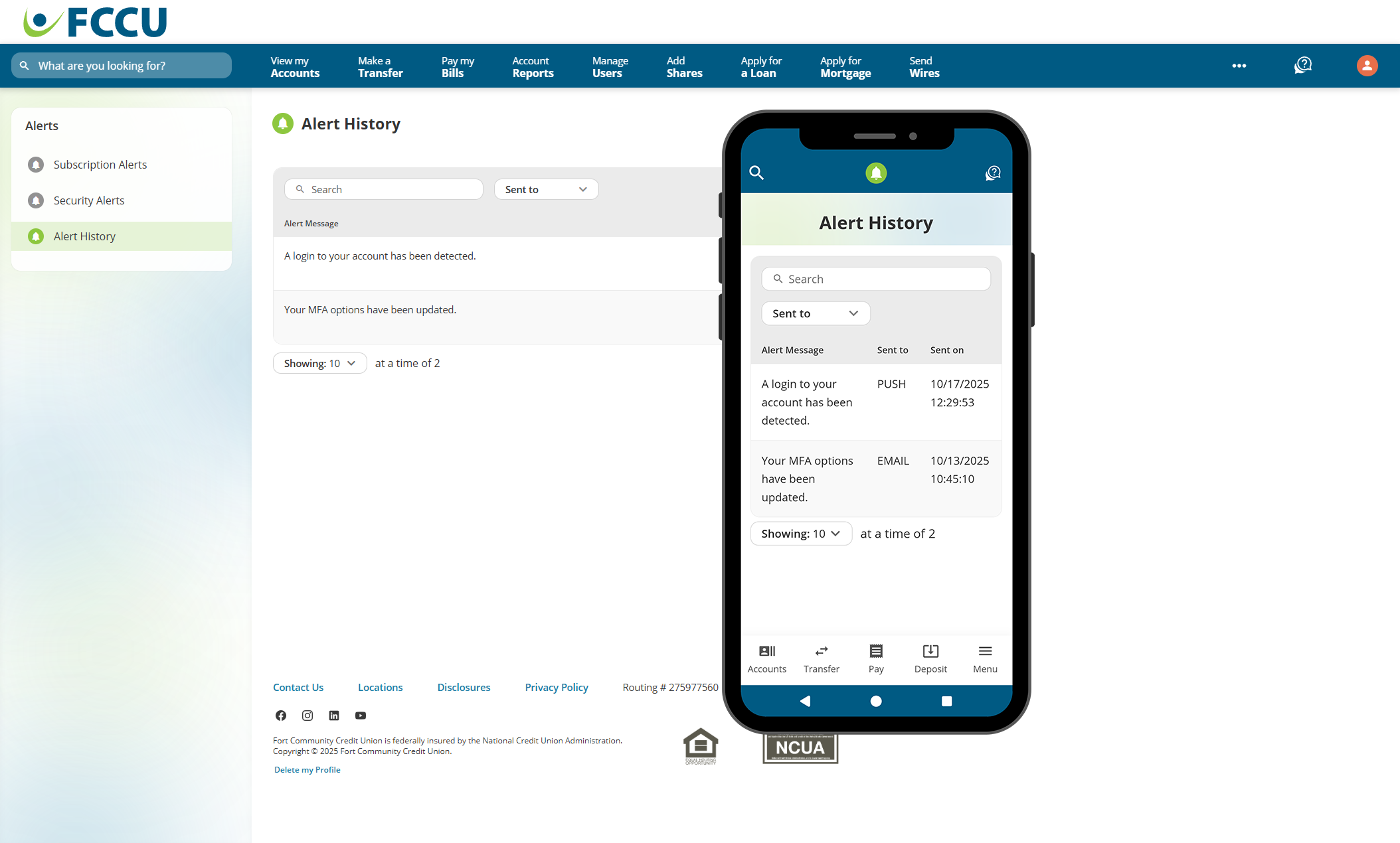 Screenshot of digital banking 'Alert History' page.