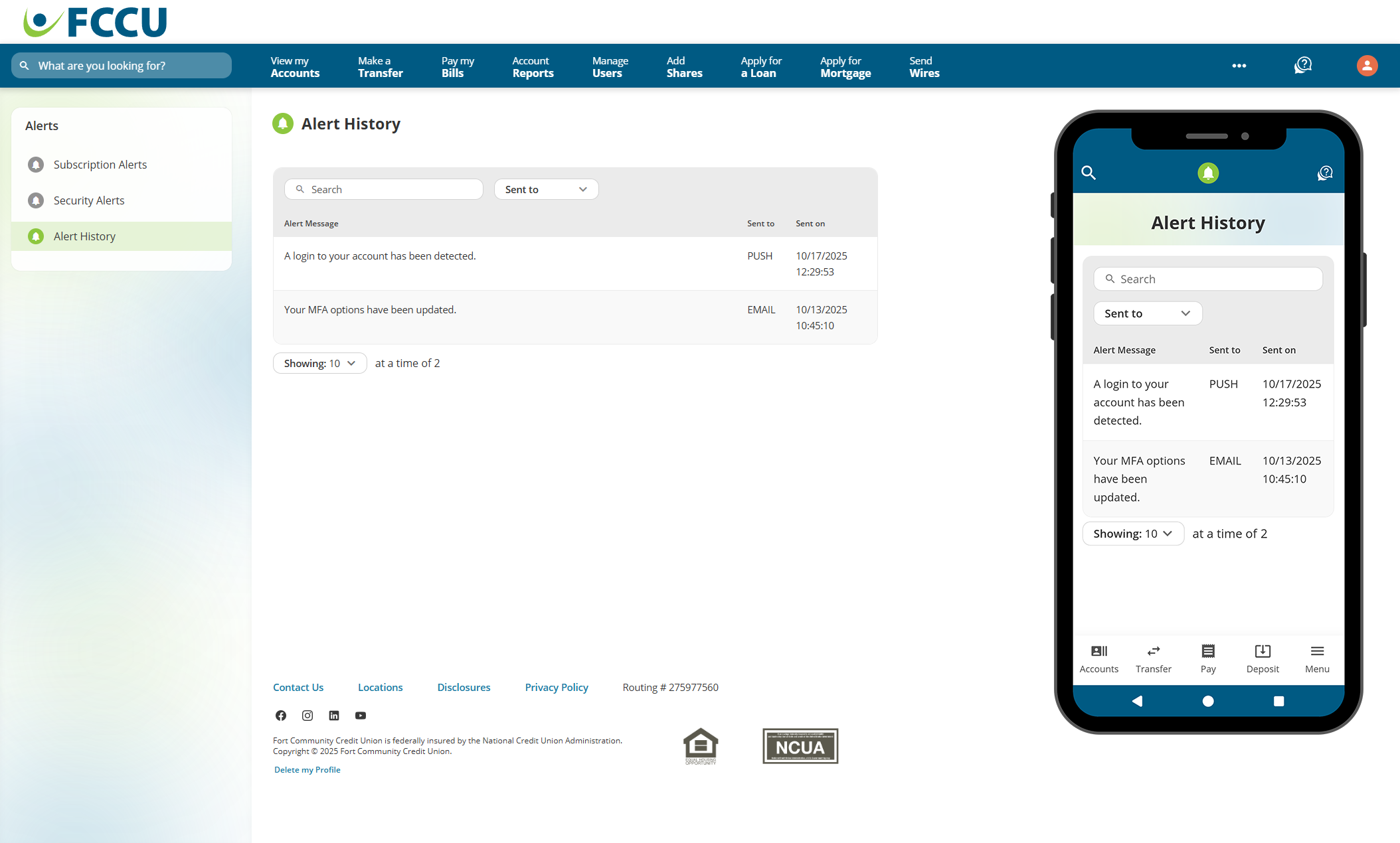 Screenshot of digital banking 'Alert History' page.