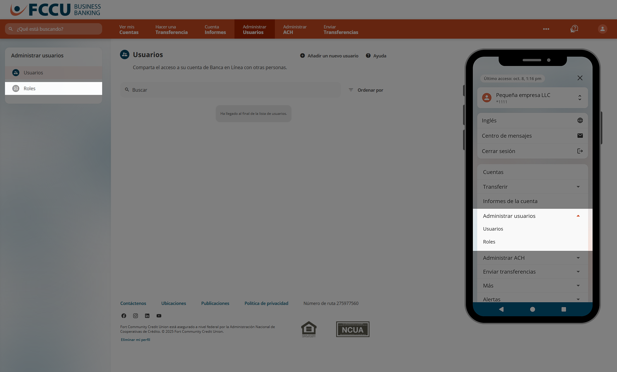 Captura de pantalla de la página 'Usuarios' de la banca digital.