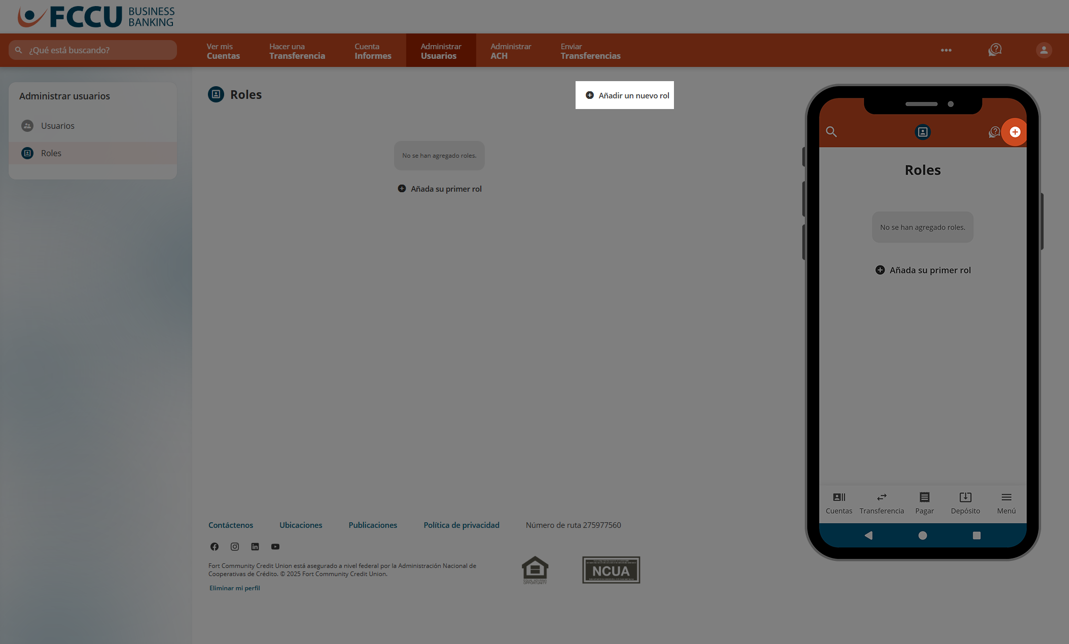 Captura de pantalla de la página 'Roles' de banca digital.