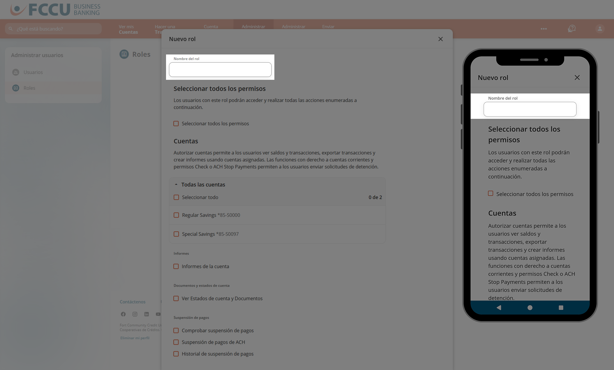 Captura de pantalla de la página 'Nuevo rol' de banca digital.