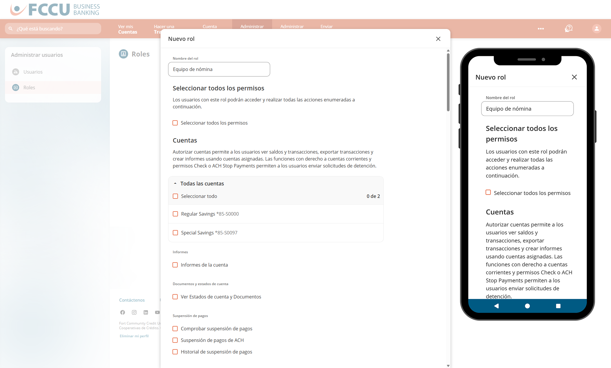 Captura de pantalla de la página 'Nuevo rol' de banca digital.