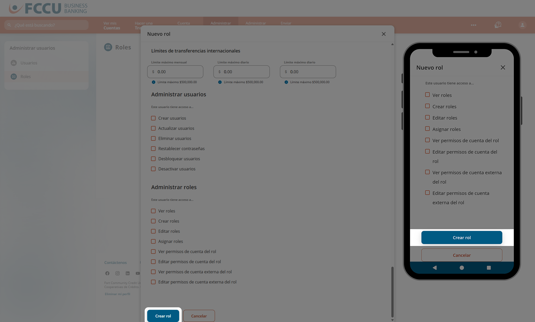 Captura de pantalla de la página 'Nuevo rol' de banca digital.
