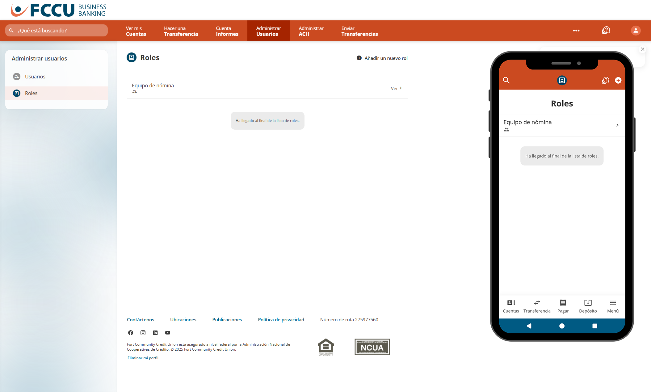 Captura de pantalla de la página 'Roles' de banca digital.