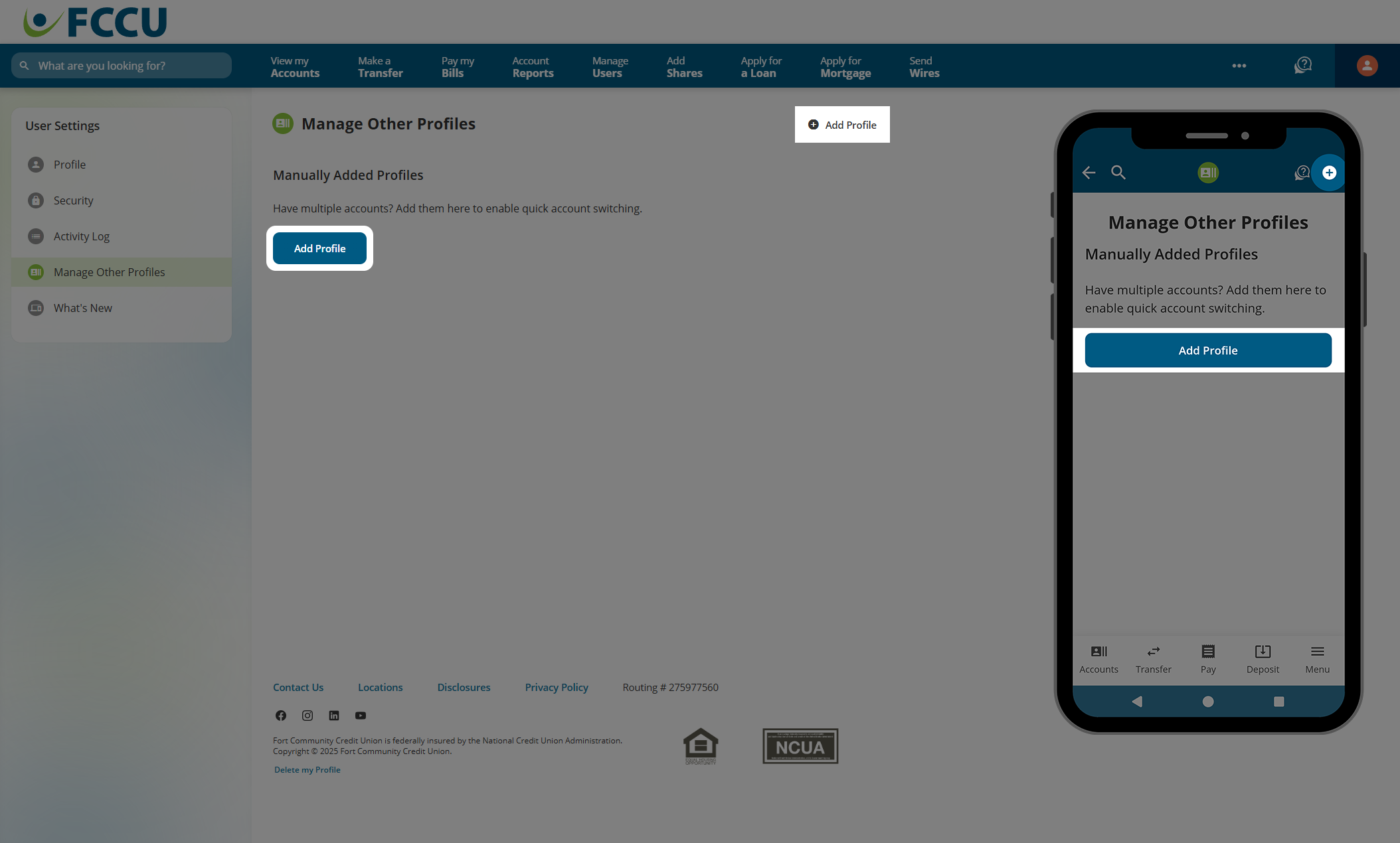 Screenshot of digital banking account 'Manage Other Profiles' page.