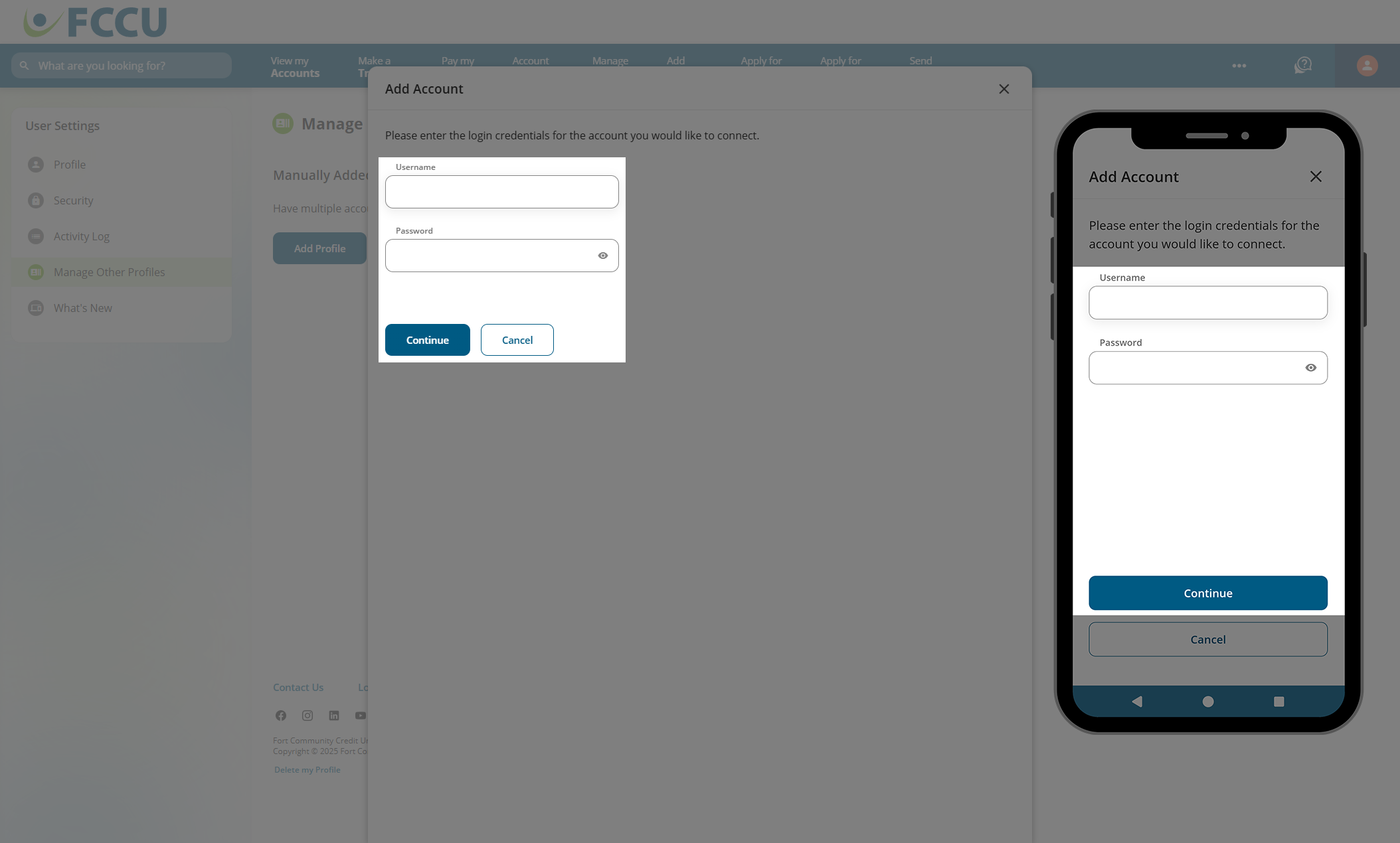 Screenshot of digital banking account 'Add Account' page.