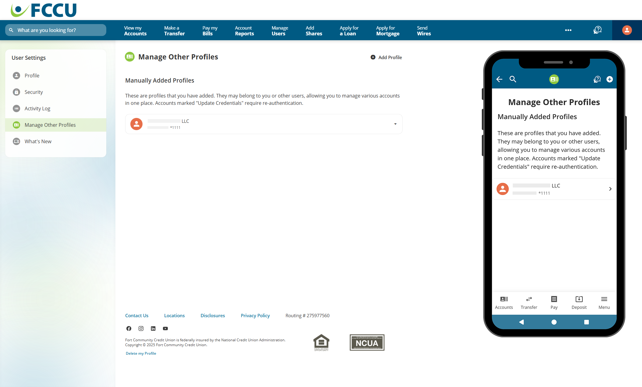 Screenshot of digital banking account 'Manage Other Profiles' page.