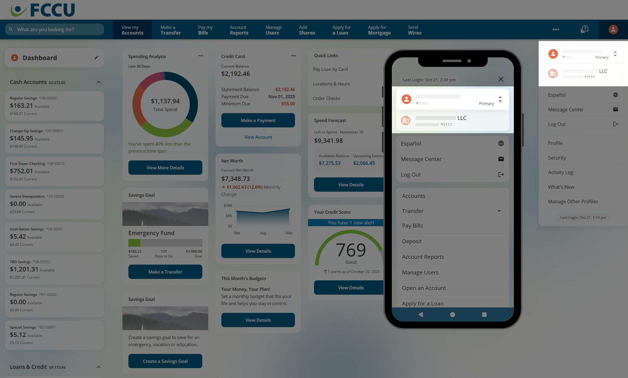 Screenshot of digital banking account dashboard.