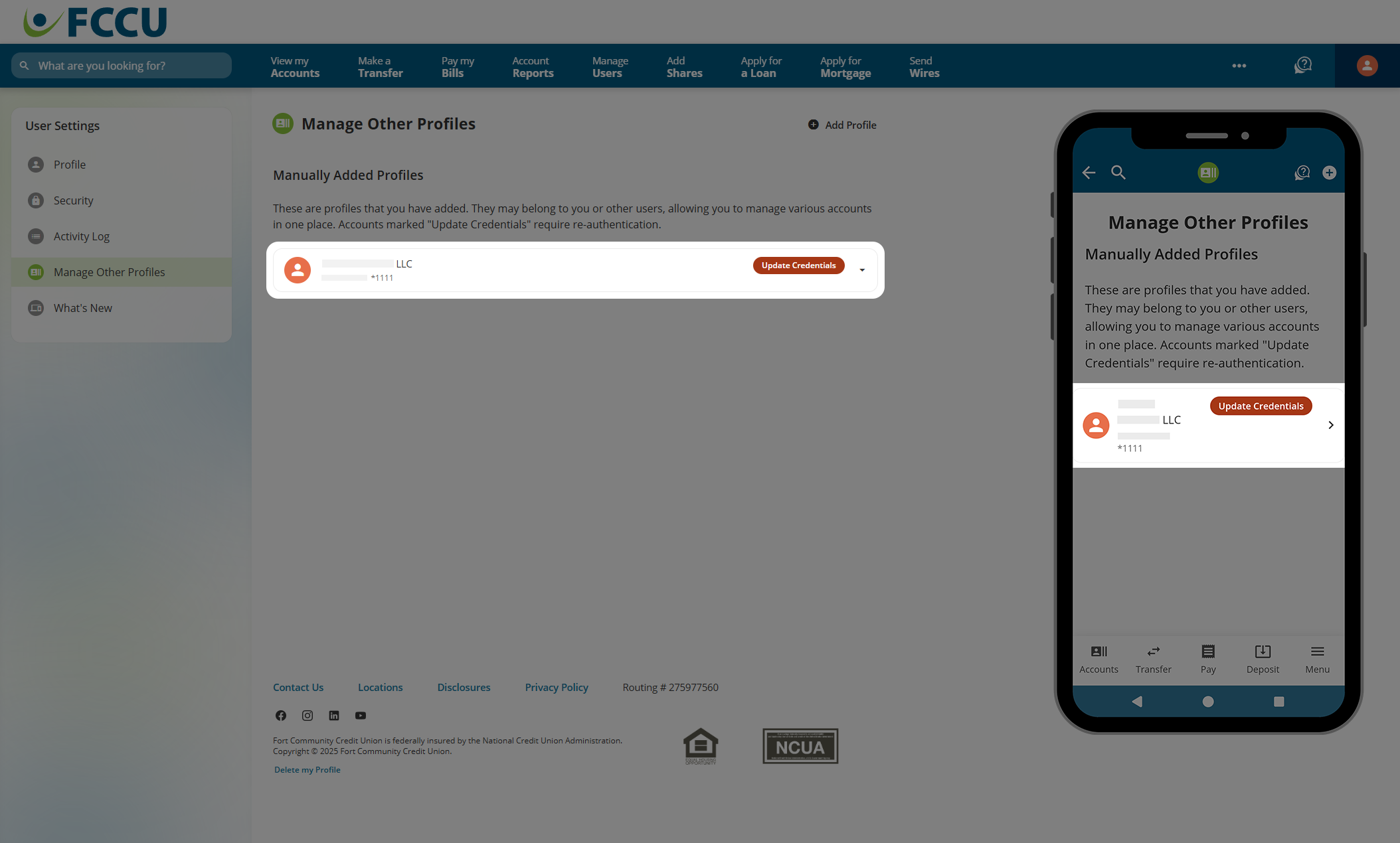 Screenshot of digital banking account 'Manage Other Profiles' page.