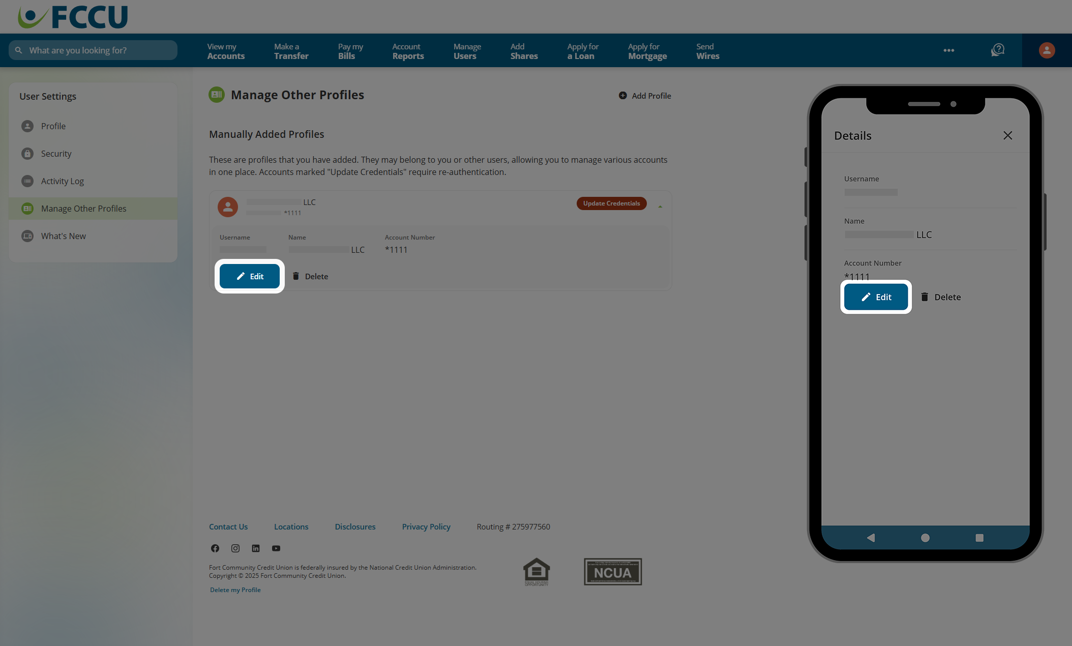 Screenshot of digital banking account 'Manage Other Profiles' page.